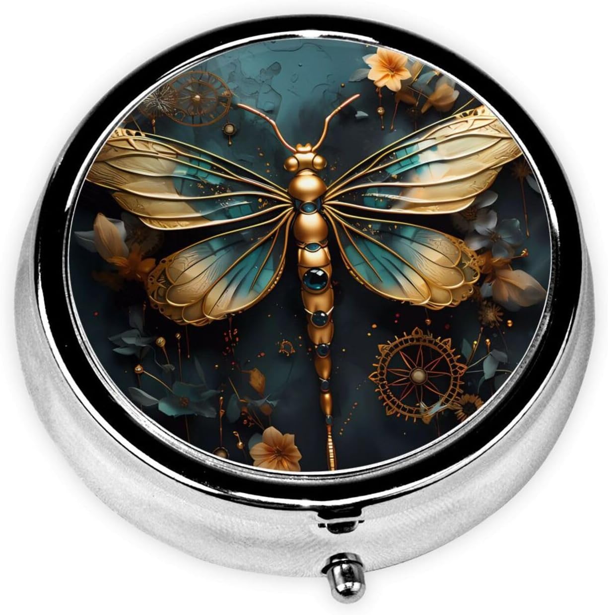 Gold Color Delicate Dragonfly Flower Round Pill Box – Portable Medicine Storage Container for Vitamins, Supplements, Fish Oil, etc.