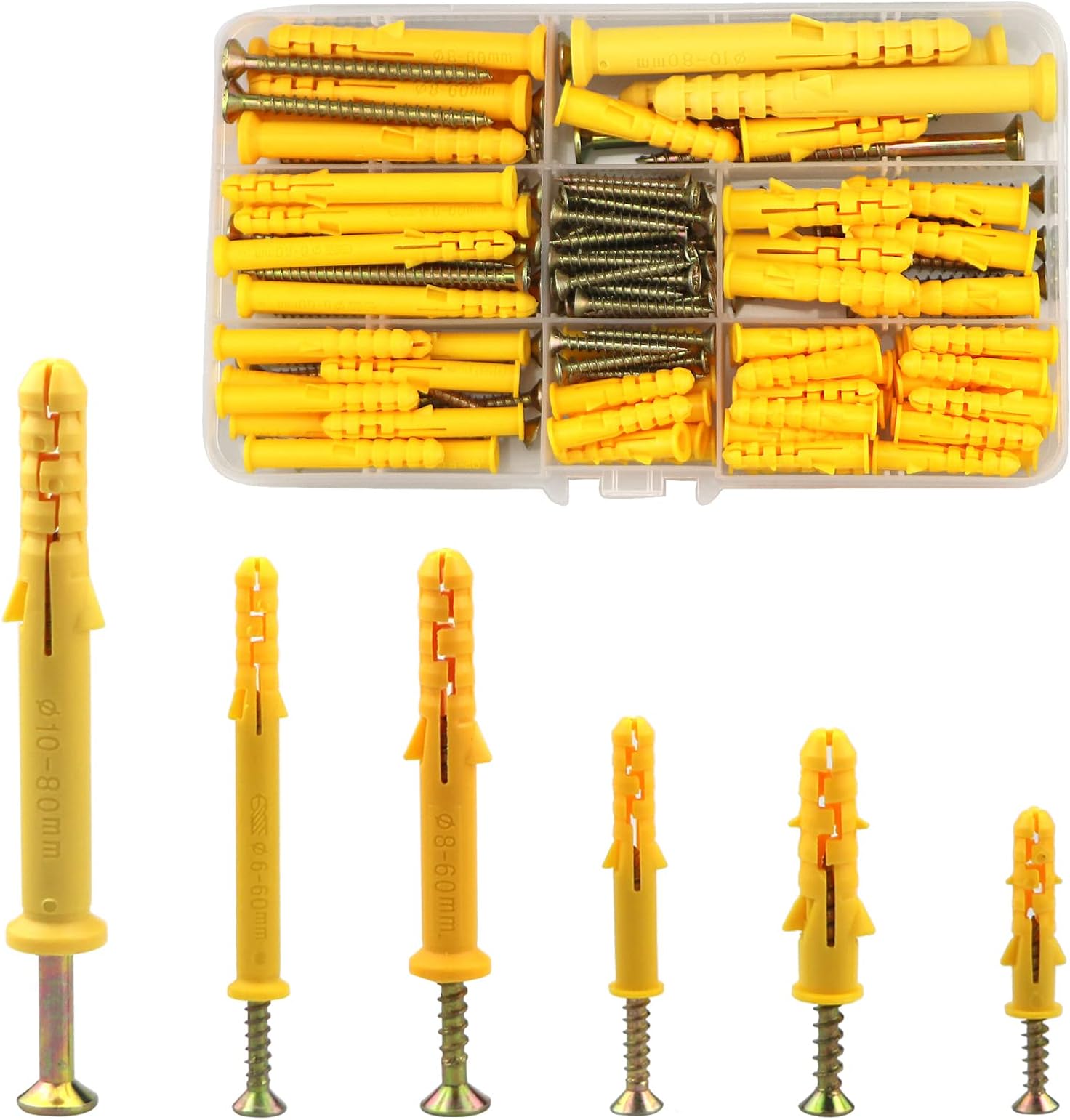 150 Pcs Wall Plugs And Screws For Brick,Masonry,Heavy Duty, Plastic Expansion Pipe Anchor Bolts (M6/M8/M10) Assorted Set, Used To Fix Photo Frames, Sockets, Partitions, Hooks(30/40/60/80mm)