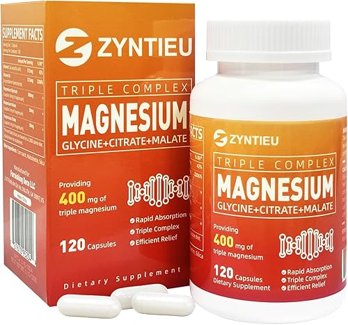 Complejo triple de magnesio  400 mg de glicinato de magnesio, malato y citrato para músculos, nervios y energía  con vitamina C, B6 para alta