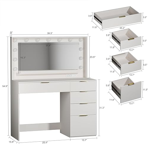 Miniatura 6 de Escritorio de tocador con espejo y luces, tocador de maquillaje con espejo grande y 13 luces, tocador blanco con 5 cajones, 3 modos de iluminación