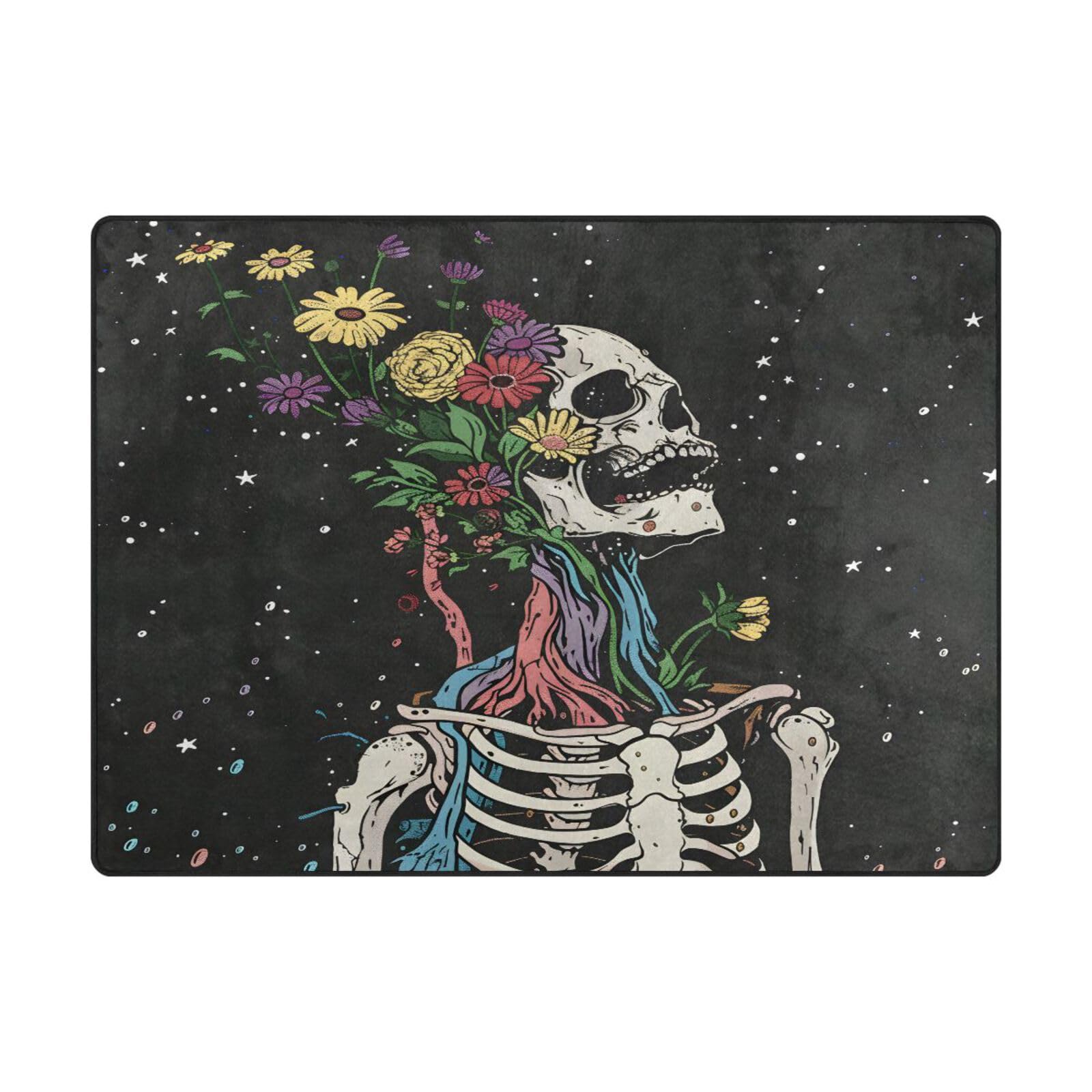 Tapis de sol contemporain salon motif squelette fleurs grand format 203x147