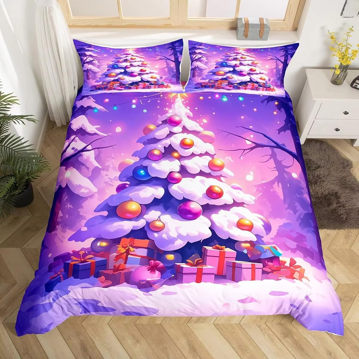 Couvre-lit festif imprimé paysage enneigé 140x200 avec housse de couette violette