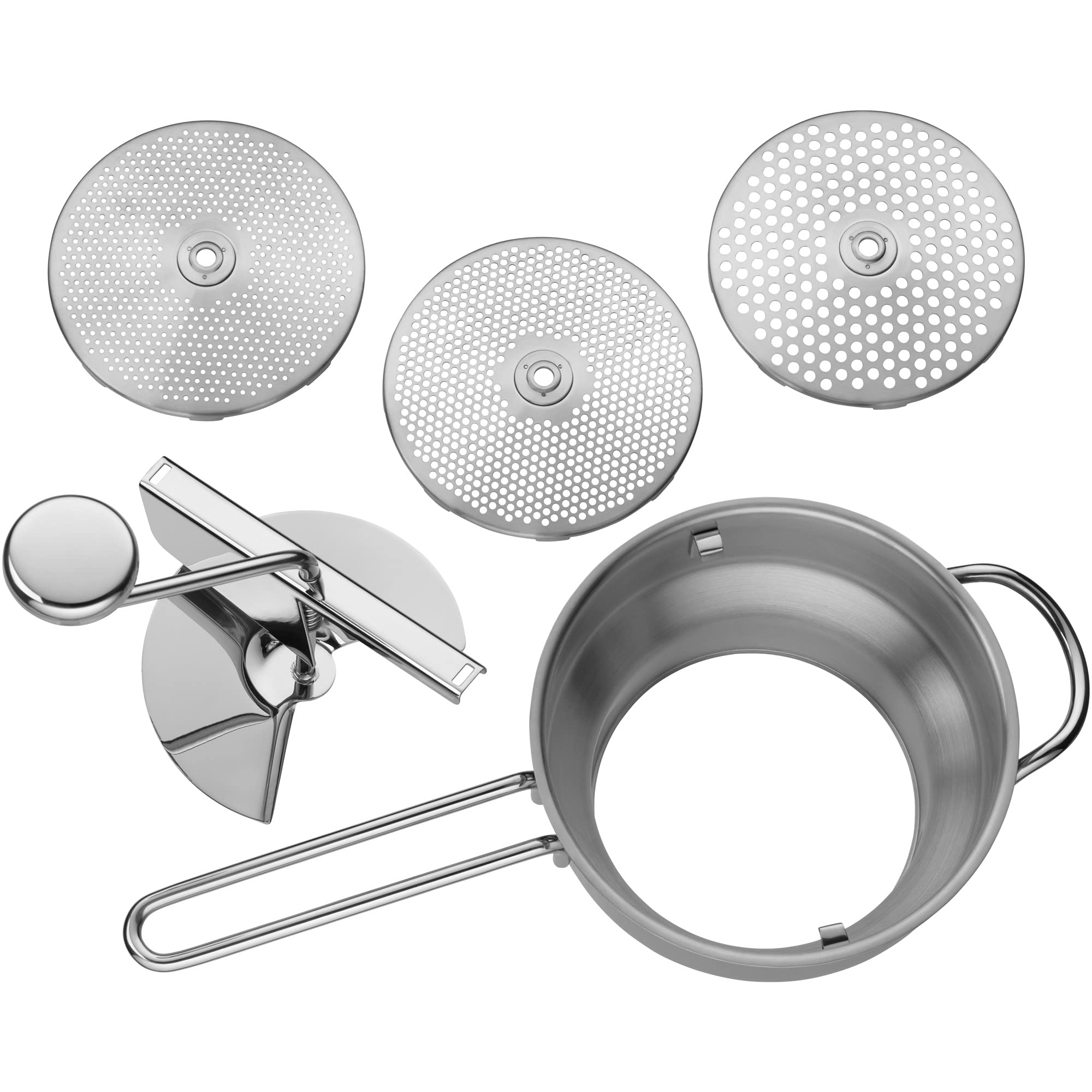 WMF 605636040 Gourmet - Molinillo de lechada (19 cm, Acero Inoxidable, cromargan, Acero Inoxidable, Desmontable, 3 Insertos para lavavajillas, Regalo Diferentes, Transparente