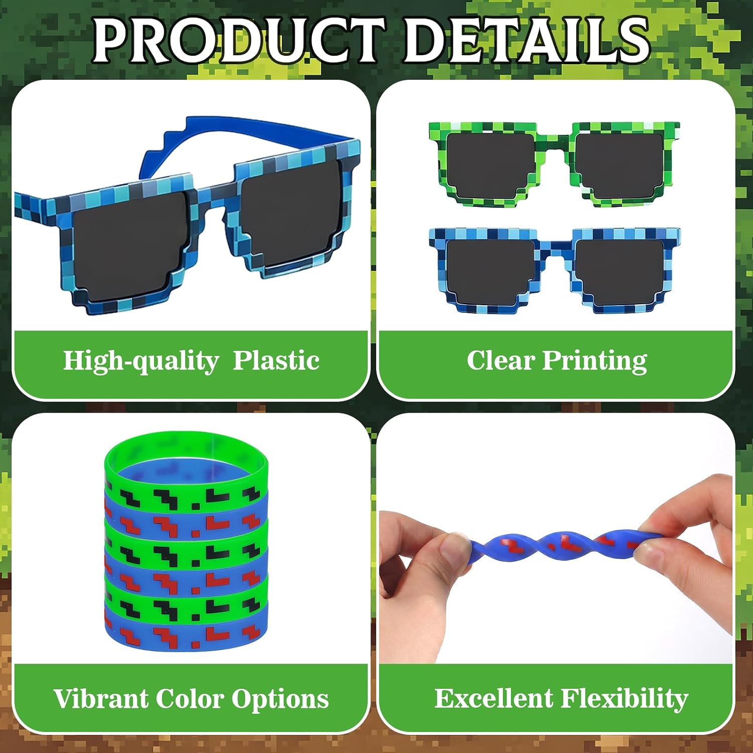 24Pcs Pixel Theme Birthday Party Favors Pixelated Sunglasses Silicone Bracelets Mining Theme Party Supplies image 4
