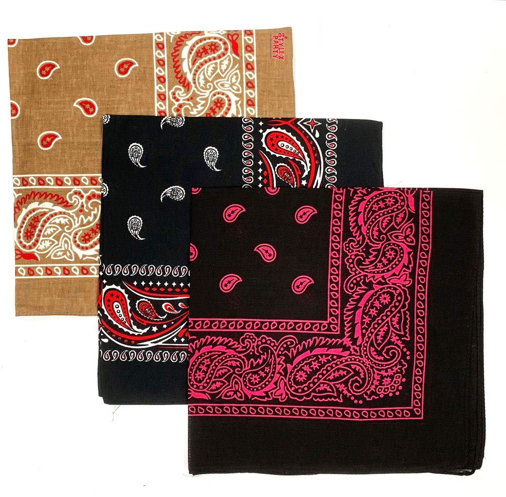 Stylex Party Unisex Mix, Pack Of 3 Bandanas - Unique Scarf Paisley Cotton Head Wrist Headband Cowgirl Head Tie Neck