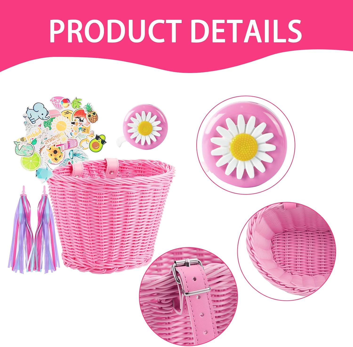 Kids Bike Basket with Adjustable Wicker Front Handlebar | Colorful Streamers, Bike Bell for Kids, Stickers Bicycle Decoration Accessories Kit