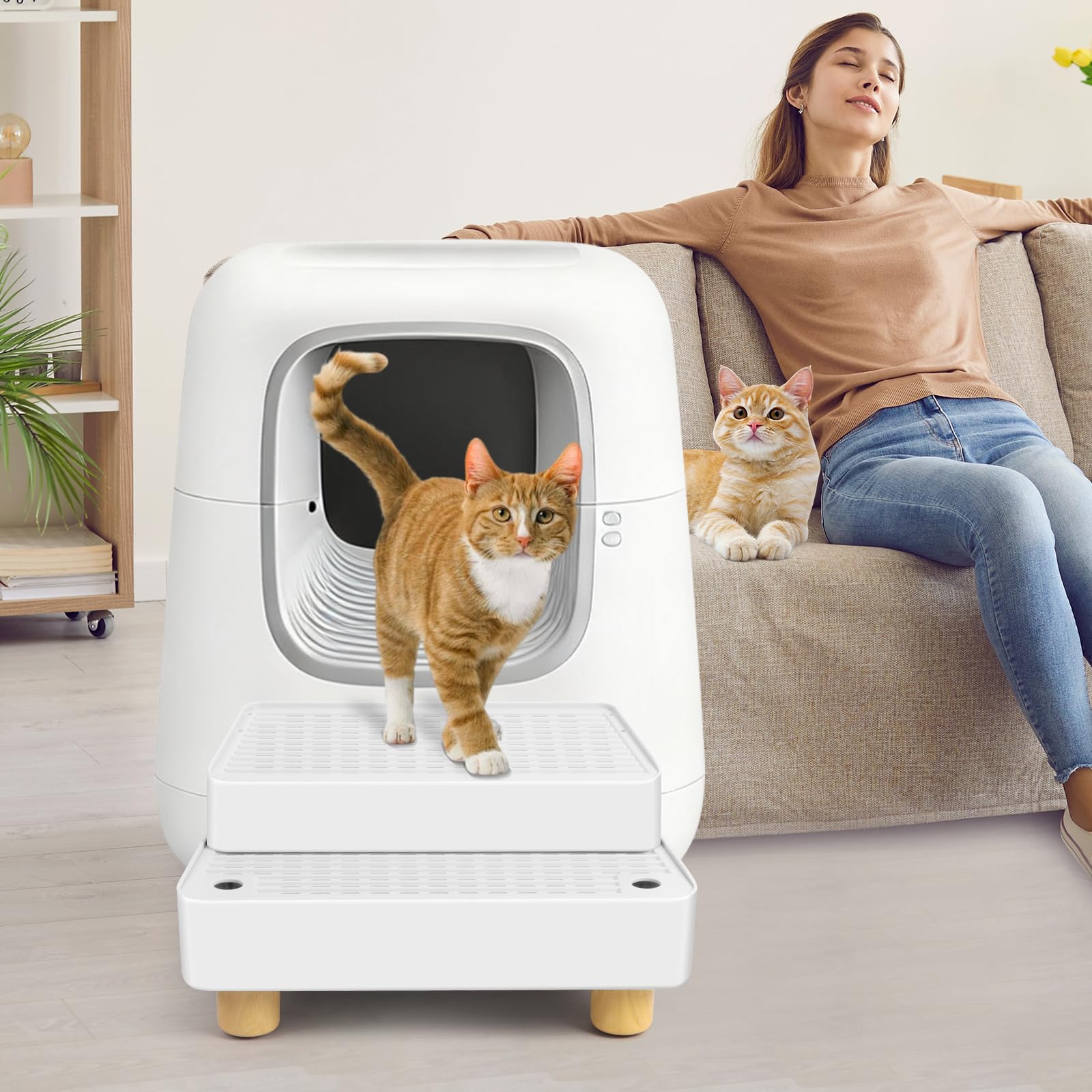 Grande rampa per lettiera a 2 gradini, regolabile con piedini in legno, funzione filtro, scala per animali domestici per gattini e gatti anziani, lettiera automatica per gatti (bianco)