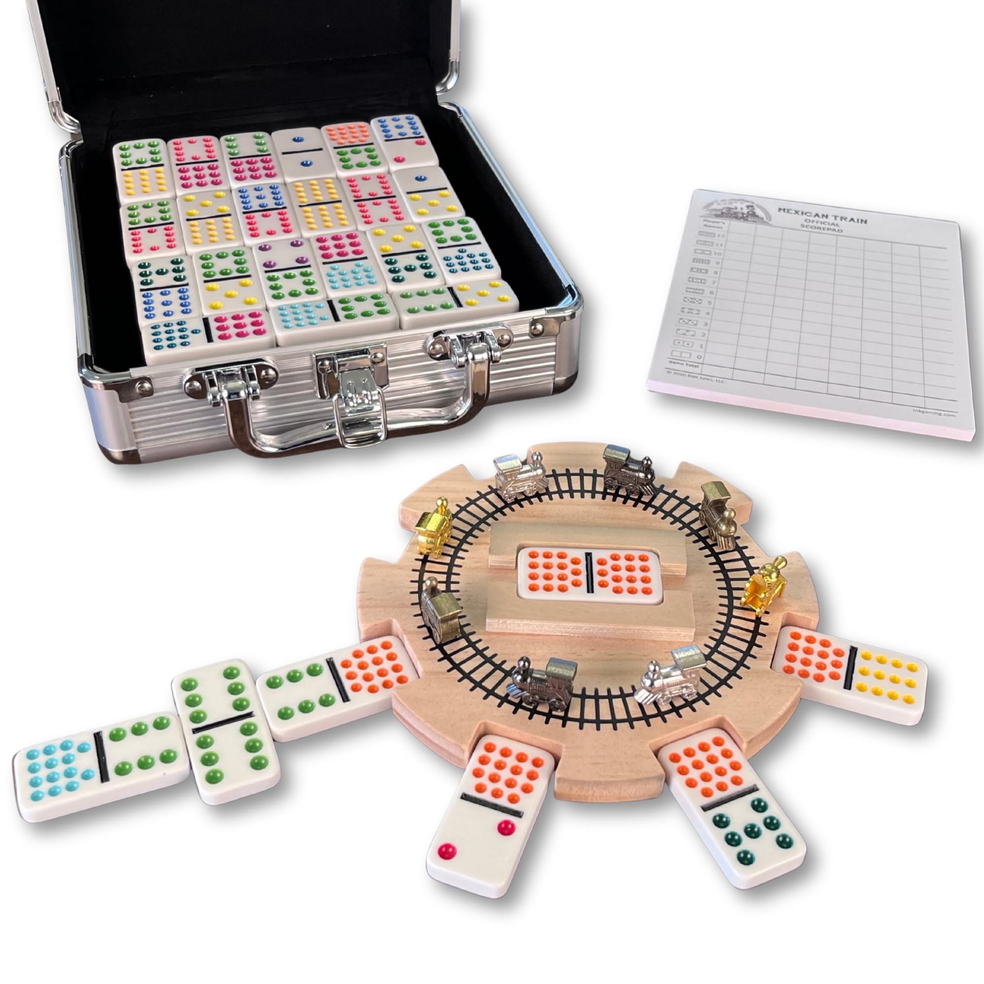 RNK Gaming Mexican Train Dominoes Set Double 15 Color Dots with Wooden Hub 8 Metal Trains and Aluminum Case