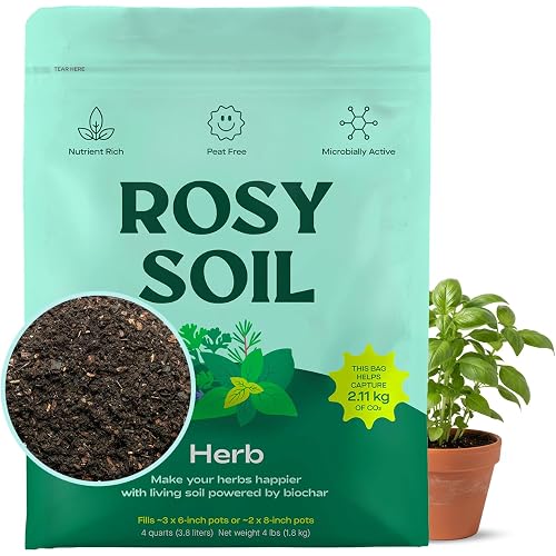Rosy Soil Herb Mix - Organic Potting Mix for Herbs - Enriched with Biochar, Worm Castings for Root Development, Nutrient Uptake, and Strong Flavor - Fast Draining, Peat Free, Less Prone to Gnats - 4qt