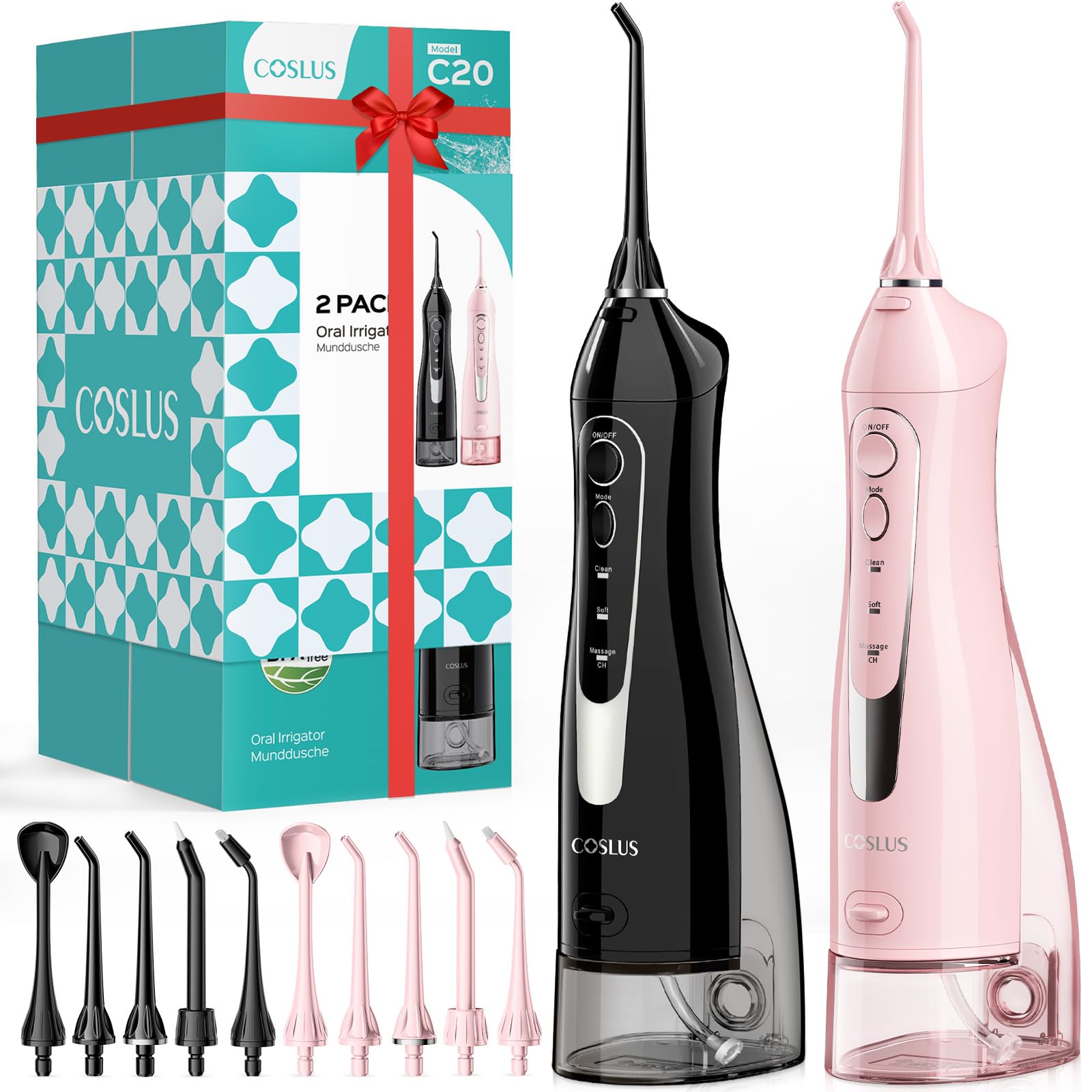COSLUS 2 Pack Cordless Water Flosser with Elegant Packaging for Teeth, Braces, Gums Care - Easy to Use, Rechargeable, Waterproof, Portable for Travel, BPA-Free, Black & Pink, C20(F5020E)