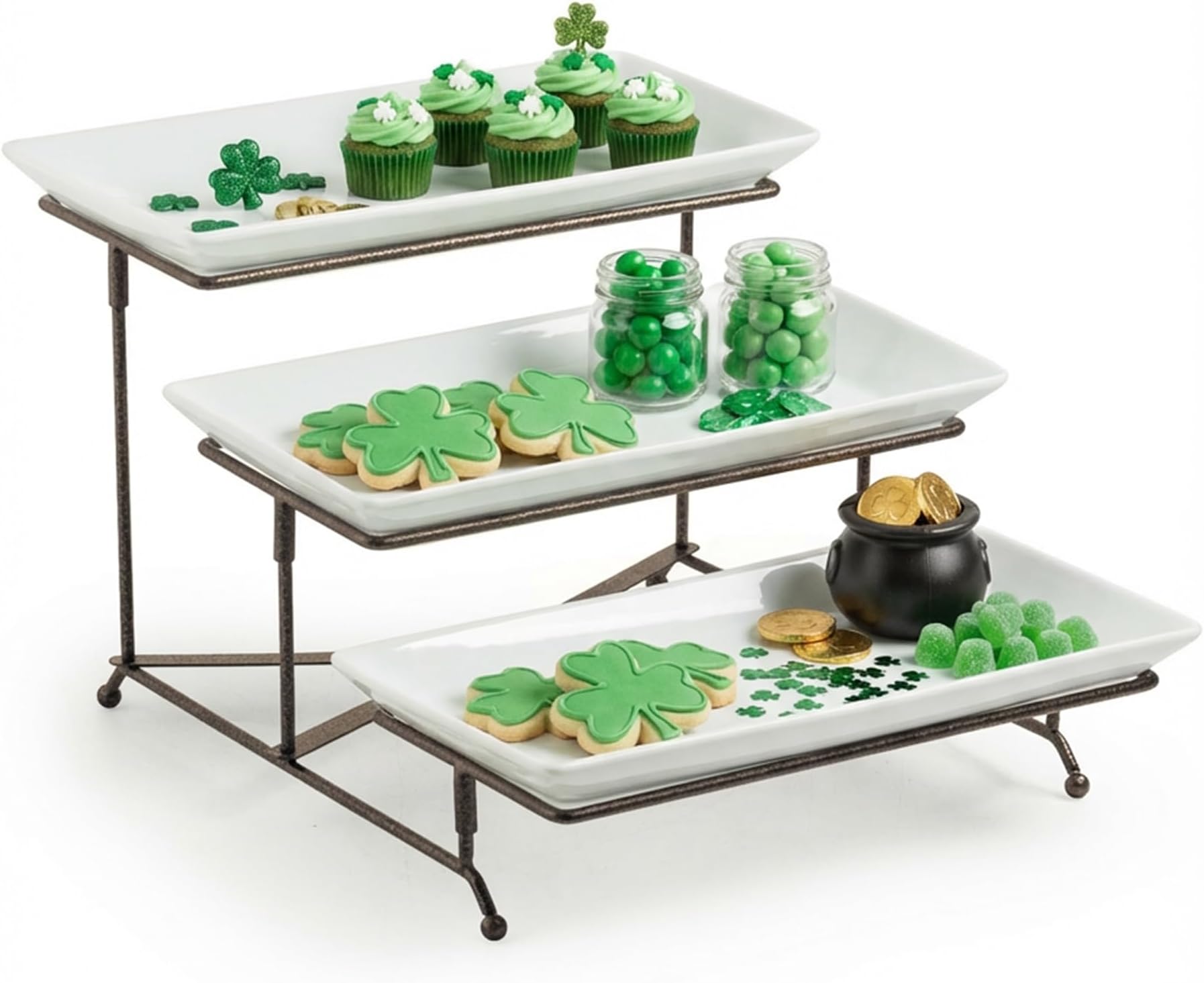 LAUCHUH 3 Tier Serving Stand Collapsible Sturdier Rack with 3 Porcelain Serving Platters Serving Trays