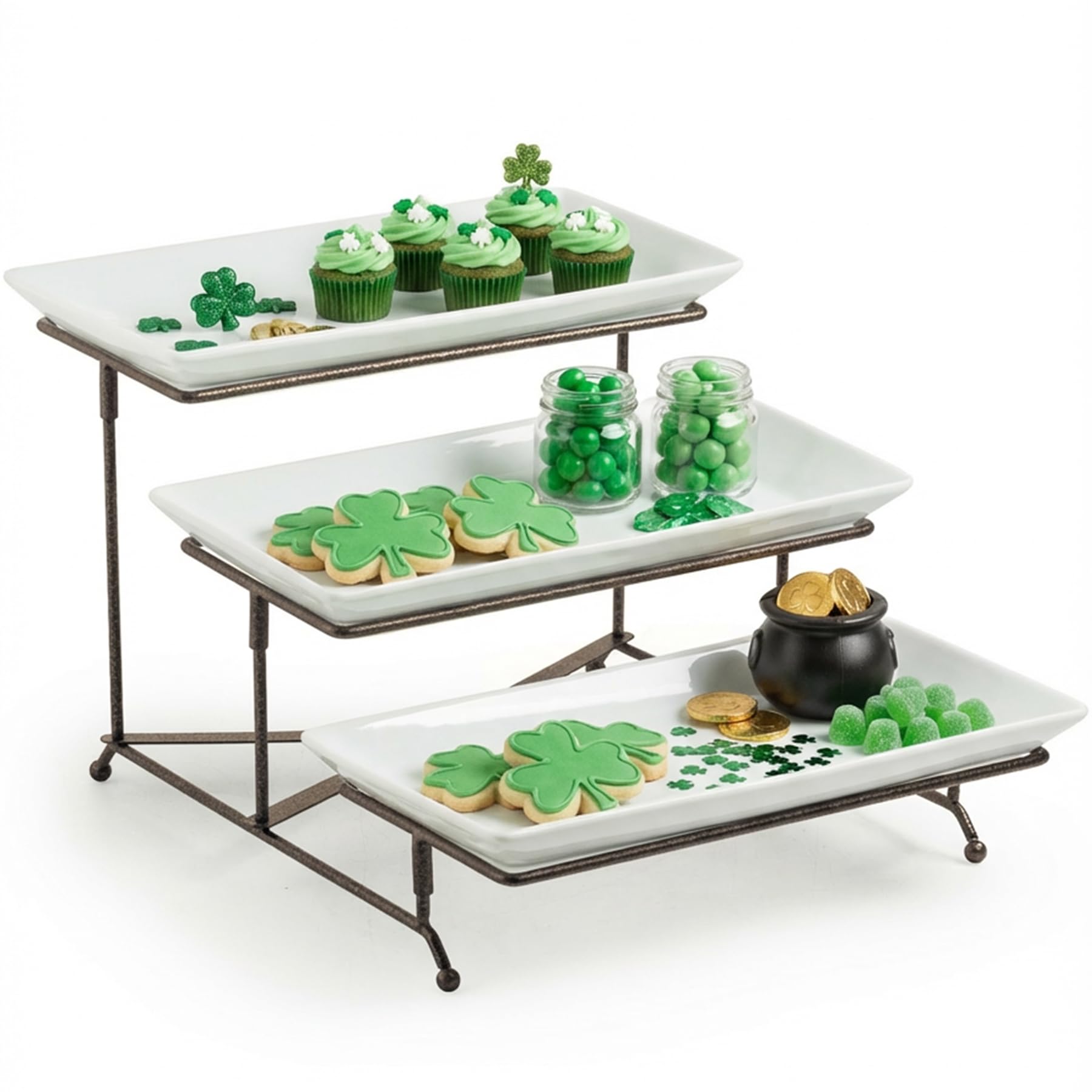LAUCHUH 3 Tier Serving Stand Collapsible Sturdier Rack with 3 Porcelain Serving Platters Serving Trays