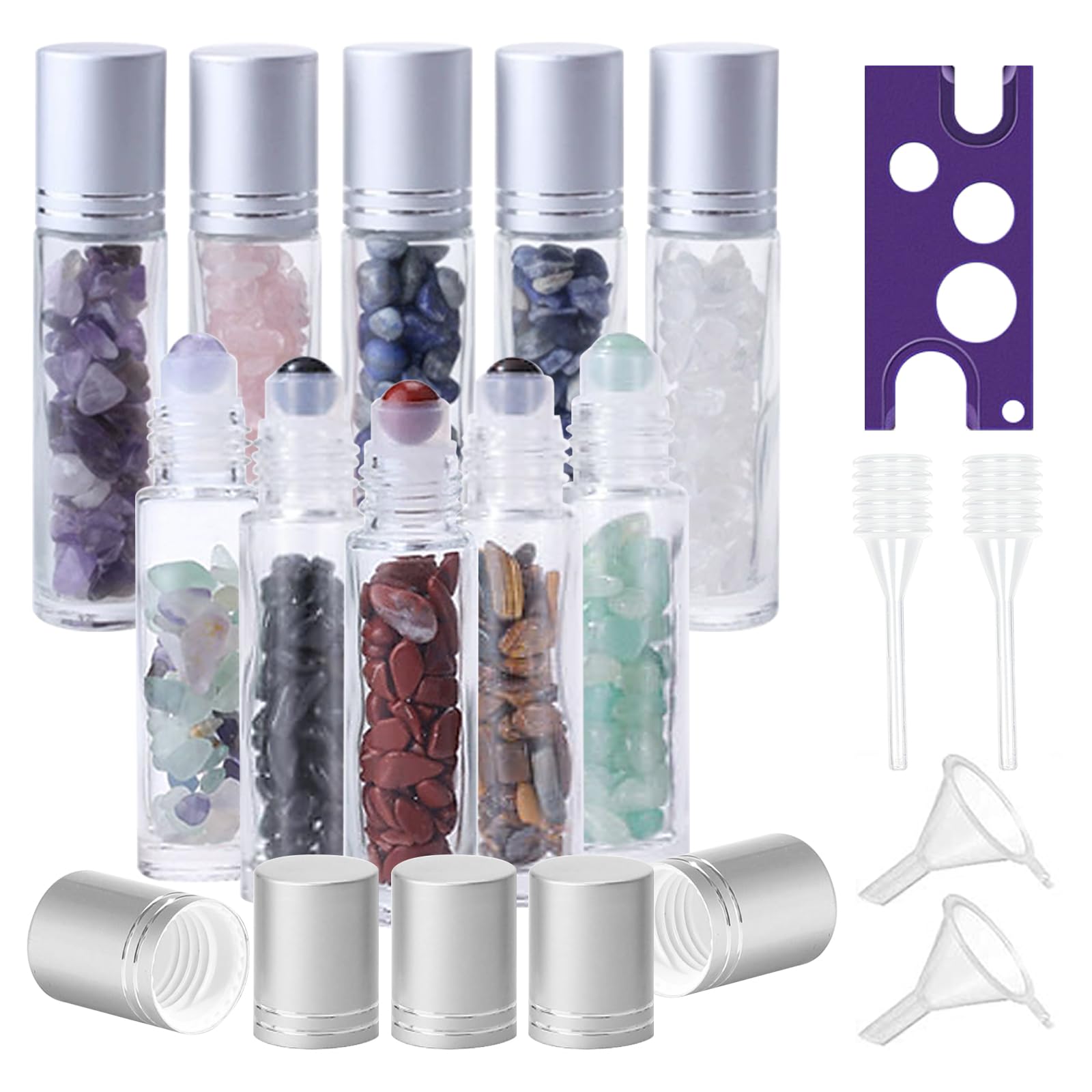 Roll On Lot de 10 bouteilles en verre pour huile essentielle, rollon, 10 ml, flacons rollon pour huiles avec pierres précieuses naturelles, flacons rechargeables pour huiles essentielles, parfums