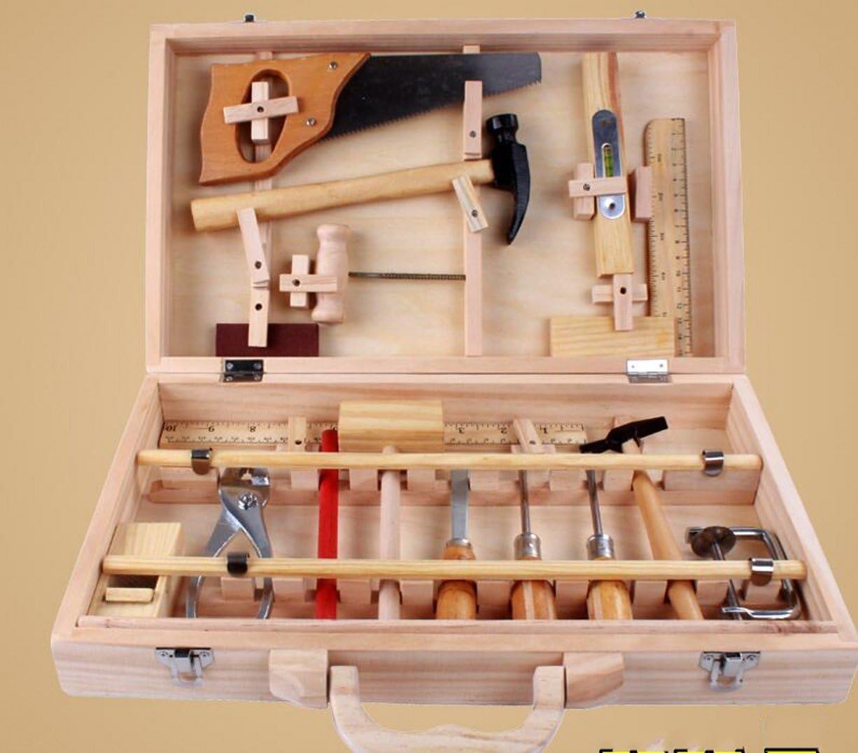 CHENGYIDA 16piece Kids Toy Toolbox Tool Kit Set Wooden and Steel Child