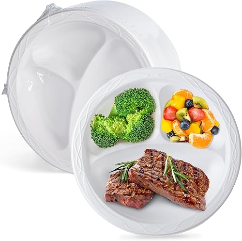 FRESHPAK Platos de plástico blanco, platos llanos de 9 pulgadas con 3 compartimentos, platos resistentes aptos para microondas, platos de fiesta de