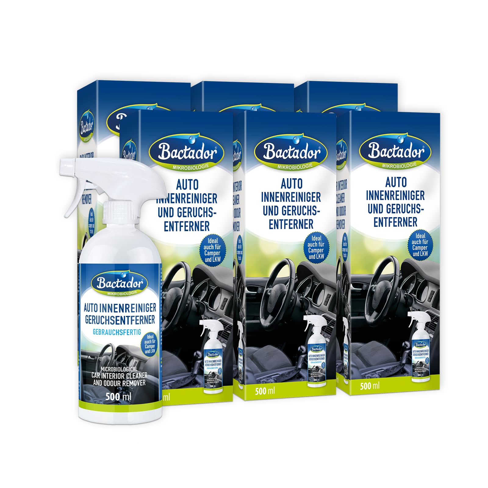Bactador Auto Innenraum Reiniger Spray 6 x 500 ml - Geruchsentferner - Cockpitpflege - Mikrobiologischer Innenraumreiniger - Cockpit Reiniger - Polsterreinger Auto - Enzymreiniger