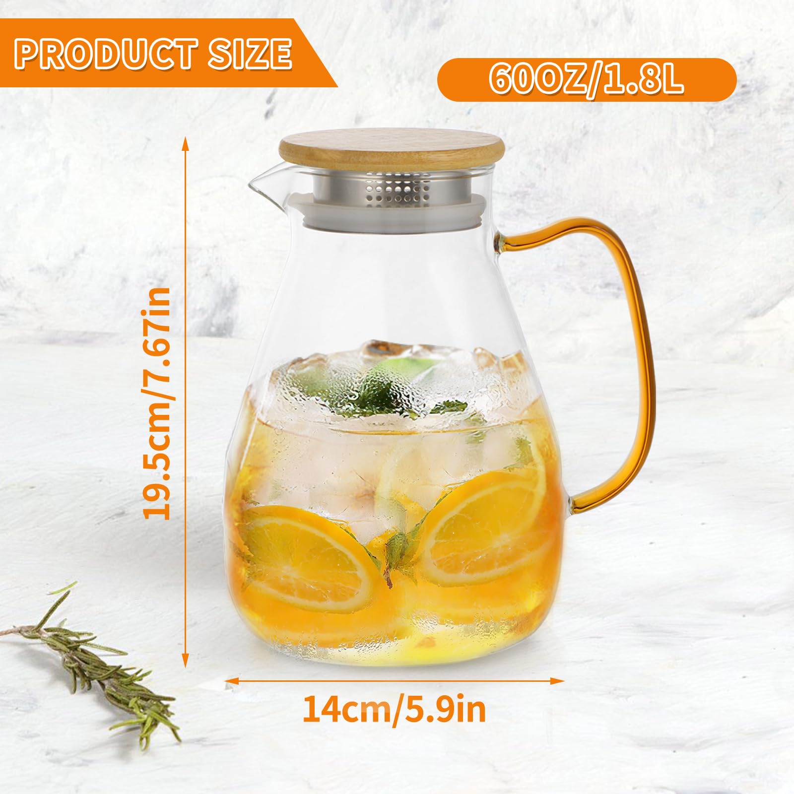 Jarra de cristal 1.8L con tapa de madera jarra agua cristal resistente al calor jarra agua para té café jugos agua fría/caliente fácil de limpiar ideal para uso doméstico 60 Onza