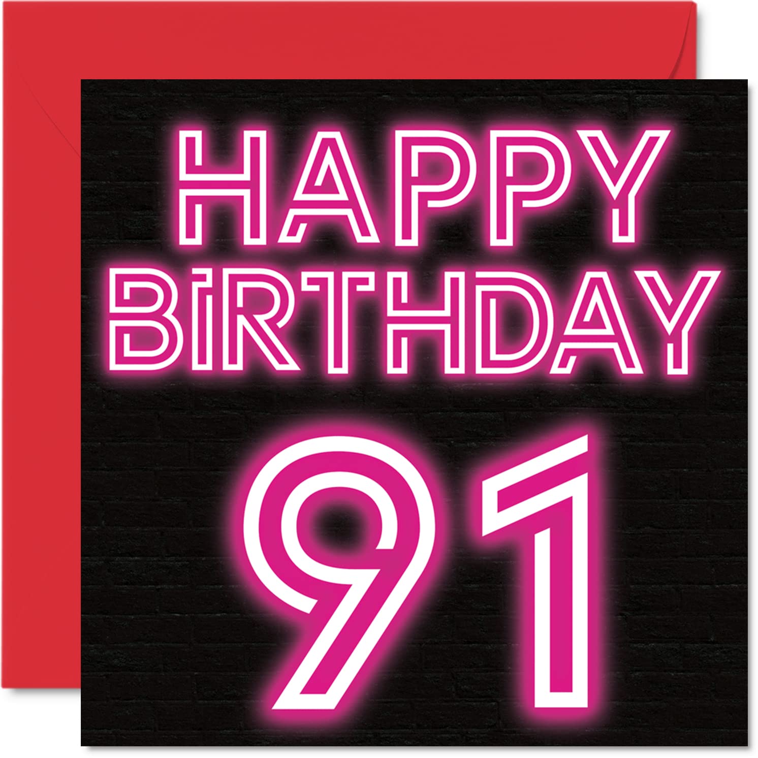Fun 91st Birthday Cards for Men Woman - Neon Glow - Happy Birthday Card for Great Grandad Grandpa Nanny Grandma Nan Gran Granny Dad Mum, 145mm Greeting Cards, 91st Card