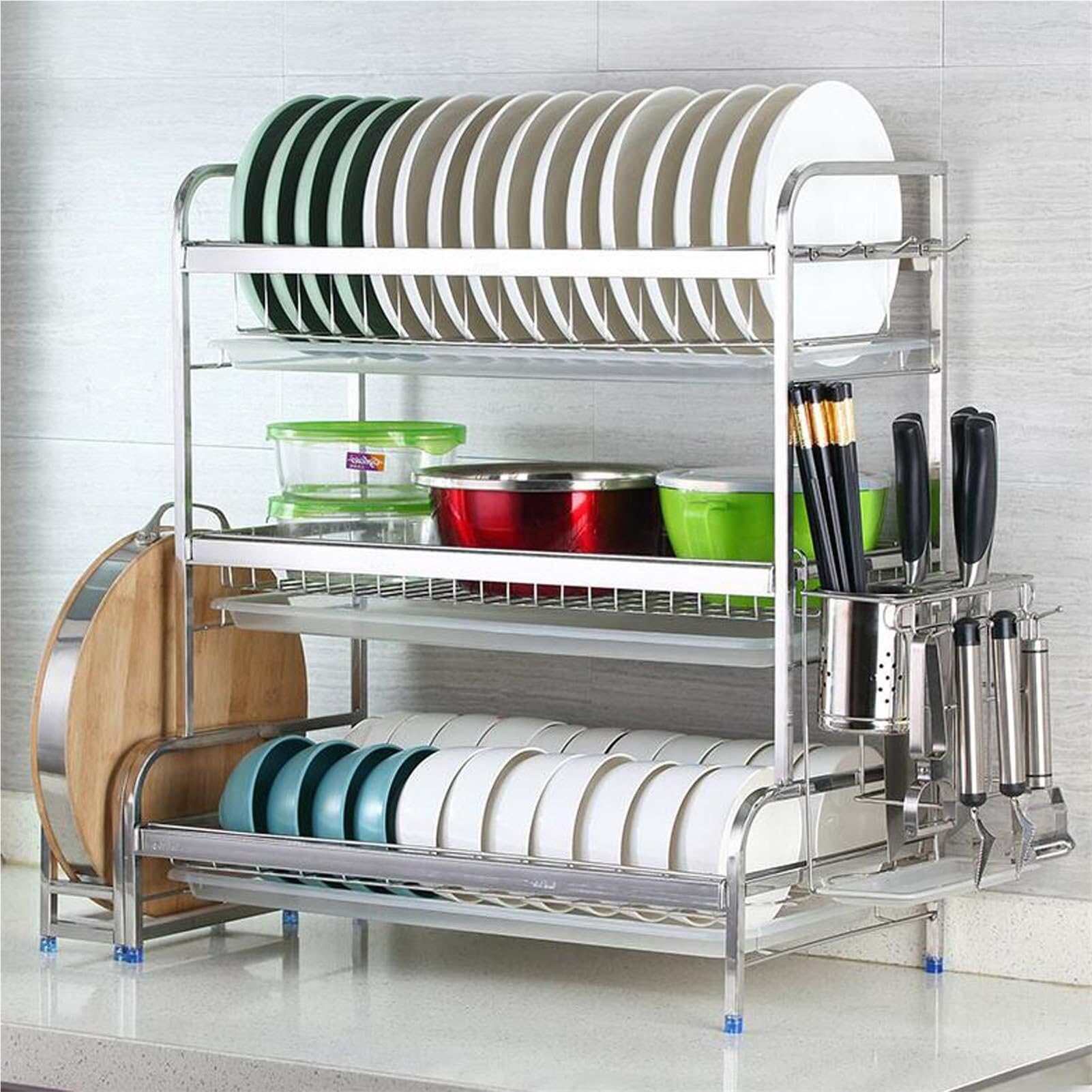 SaryEdge Dish Drainers for Kitchen Counter,Dish Drying Rack,Over The Sink,Drainer Shelf,Stainless Steel,Easy to Use,Dish Drying Rack with Drain Silver,