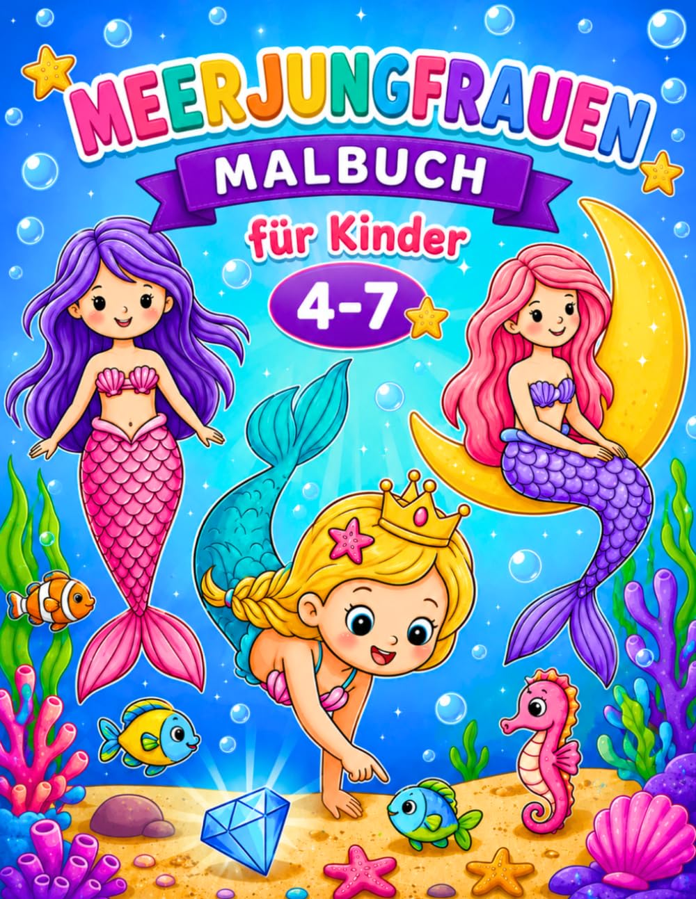 Meerjungfrauen Malbuch für Kinder 4–7 Jahre: 50 Zauberhafte Meerjungfrauen Ausmalbilder | Niedliche Unterwasserwelt mit Delfinen, Seepferdchen & Meerestieren | Kreatives Malbuch für Mädchen