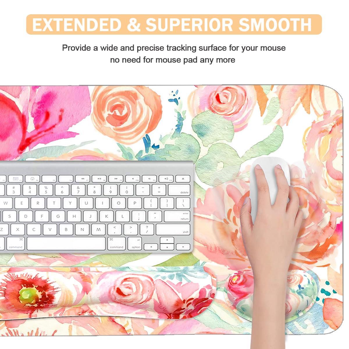 Grand tapis de souris étendu + repose-poignet pour clavier, tapis de bureau ergonomique en mousse à mémoire de forme pour taper facilement, 90 x 40 cm – Motif fleurs