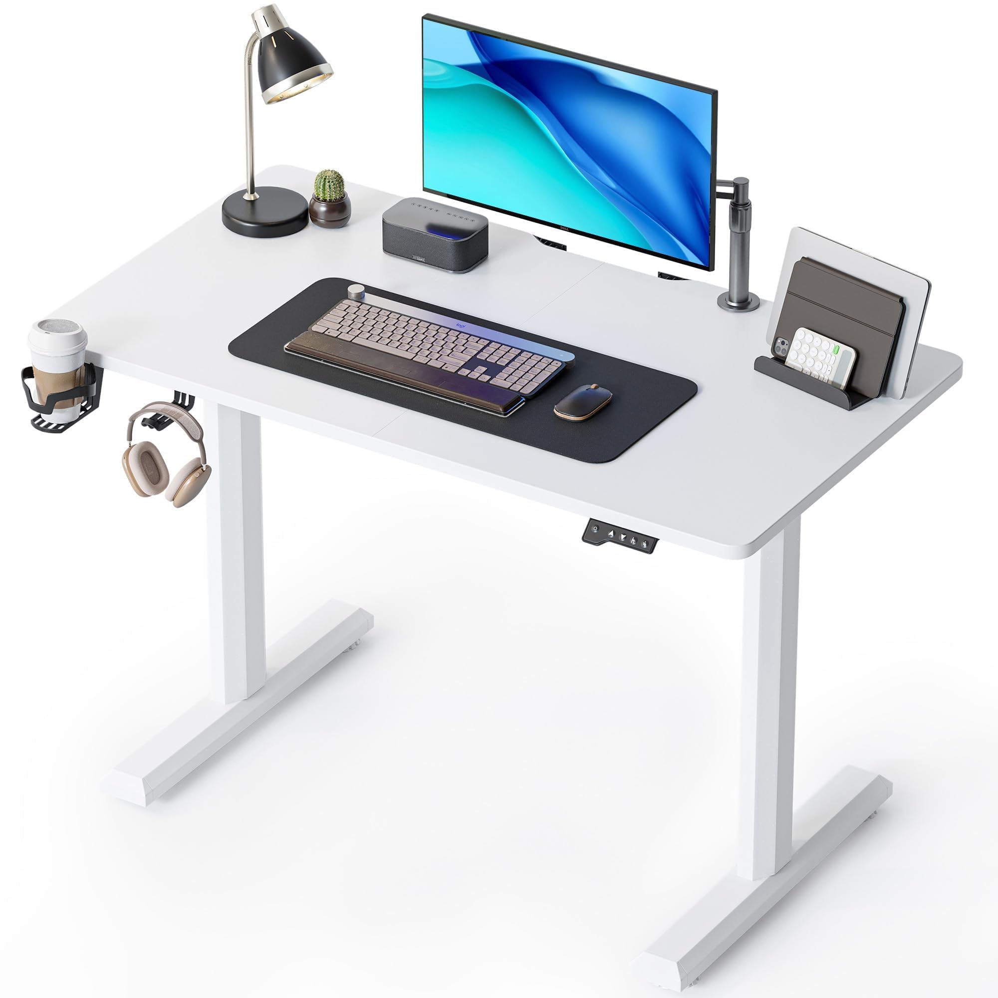 FEZIBO Height Adjustable Electric Standing Desk, 44 x 24 Inches Stand up Table, Sit Stand Home Office Desk with Splice Board, White