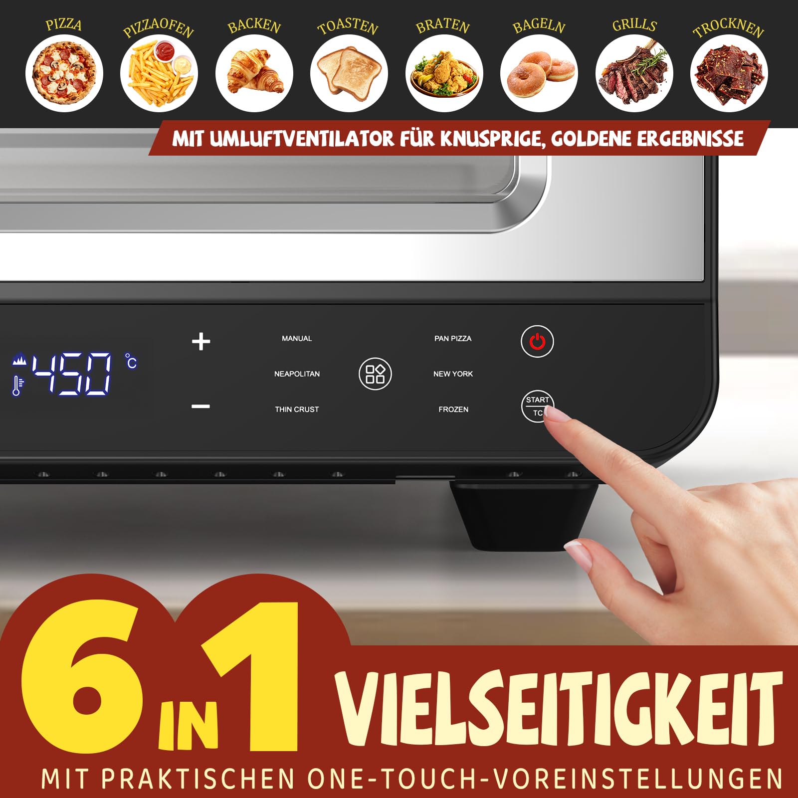 Elektrischer Pizzaofen - 6 Programme, 1700W, max. 450°C, geeignet für 32cm Pizzen - 5-in-1-Multifunktion: Pizza, Grillen, Warmhalten, Backen und Kochen