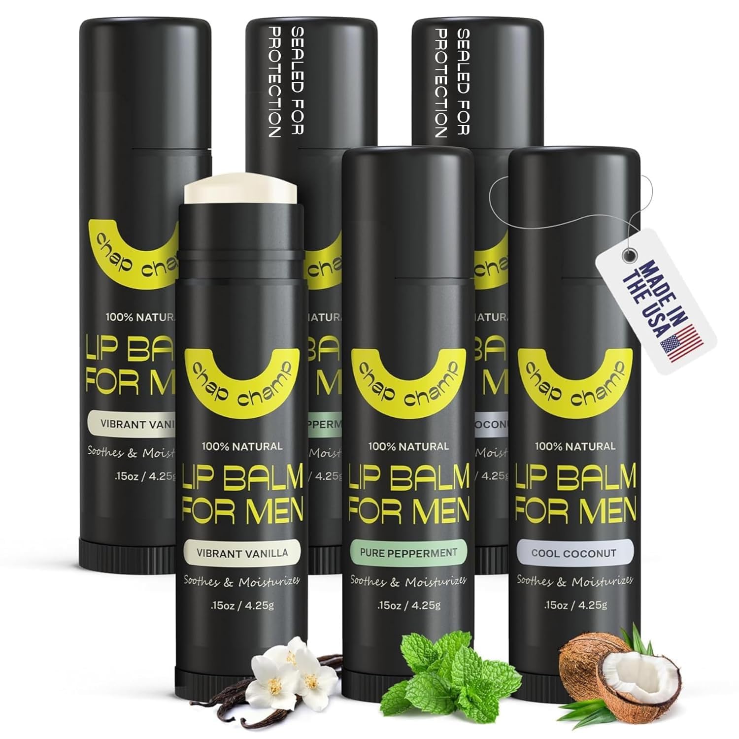 Lip Balm for Men - Great Stocking Stuffer - Vitamin E and Beeswax - Chapstick for Men - Peppermint, Coconut & Vanilla Lip Balm - Made in the USA (All Natural, 6 Pack)