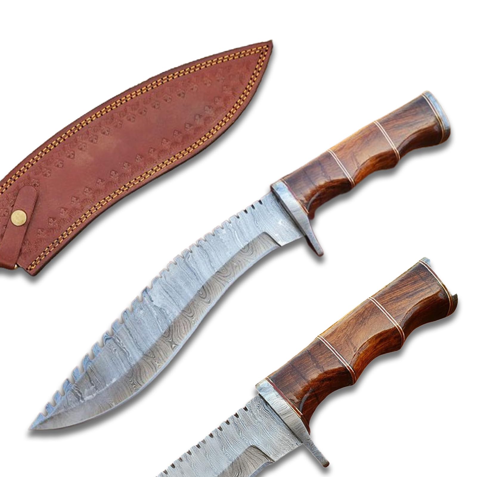 Damascus Kukri Knife, Handmade Damascus Steel 13.5” Inches Kukri Knife, Fixed Blade Hunting Kukri Knife with Wood Handle, Hunting Camping Knife with Sheath