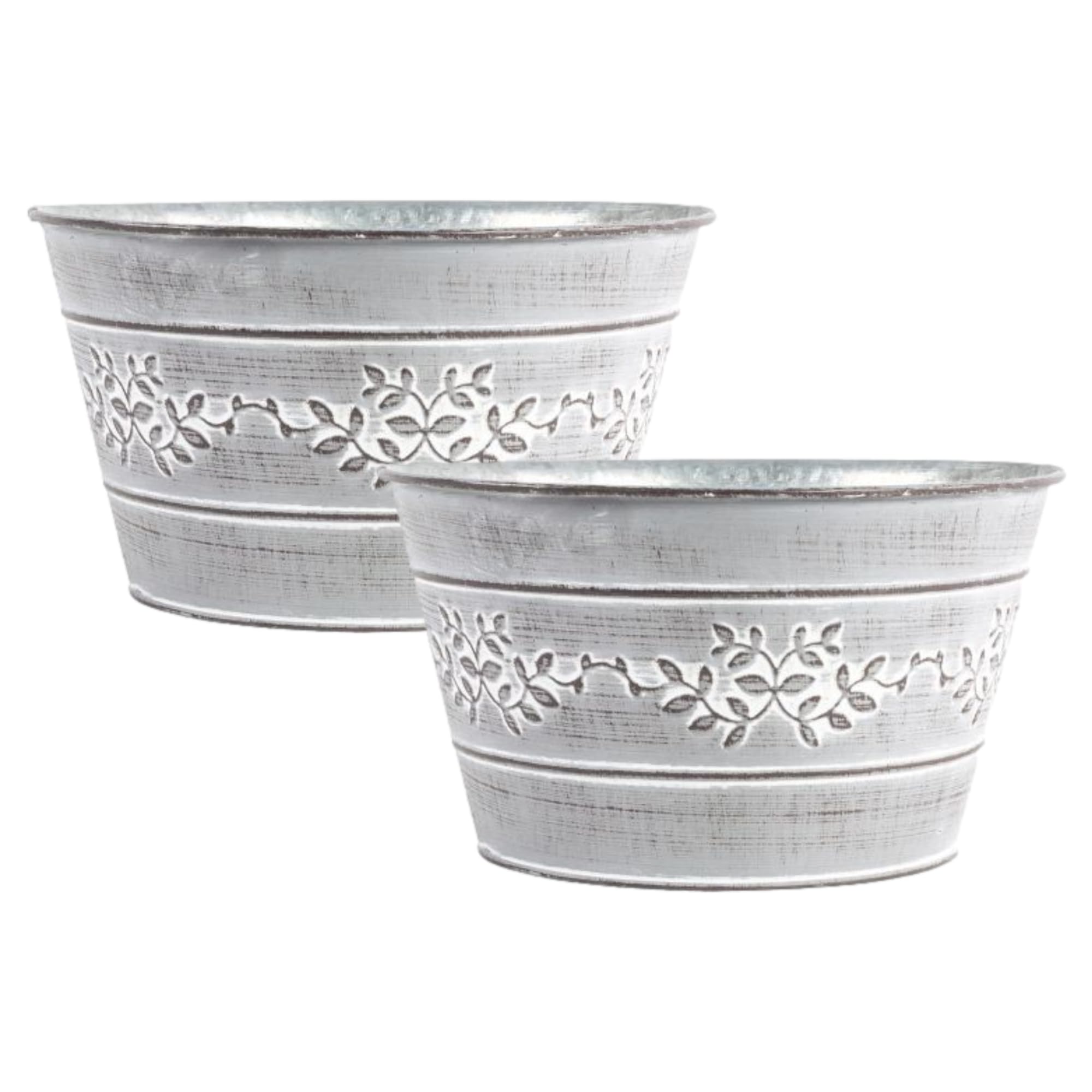 Fyne-Finds Grey Metal Leafy Vine Bowl Planter Tin Pail 21Cm, 8Inch Indoor Outdoor Garden Flower Plant Pot Weatherproof Decorative Gift (2)