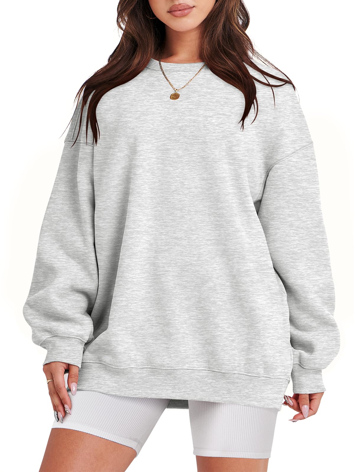 Damskie bluzy oversize bluzy z kapturem polar okrągły dekolt sweter top codzienne jesienne stroje preppy ubrania nastolatki 2024 A1019 światło, Jeden kolor, Light Gray_S