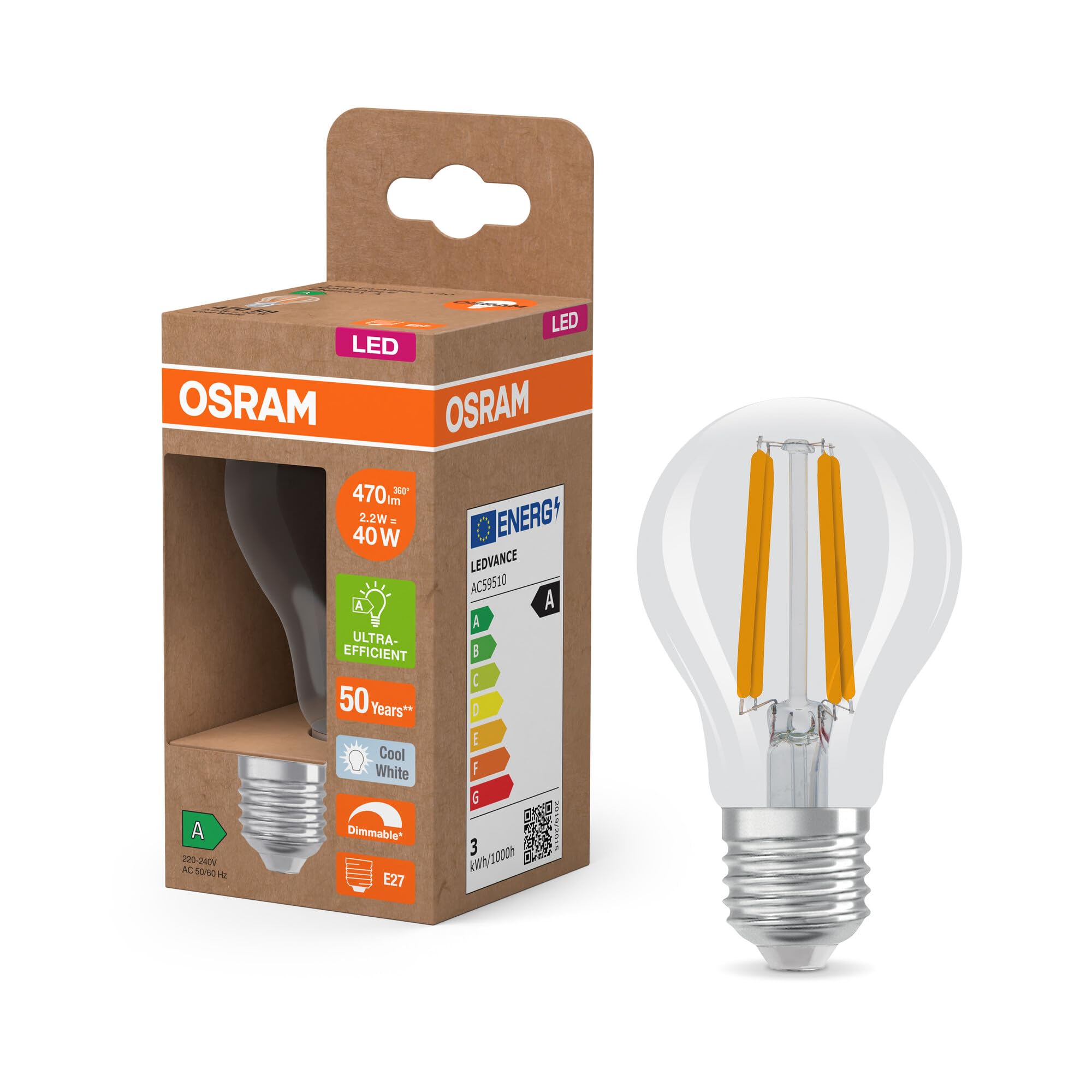 OSRAM Lámpara LED Energy Class con forma de bombilla clásica, 2,2 W / 470 | , LED Lamps, 60.00 Millimetres dia, , Paquete de 6