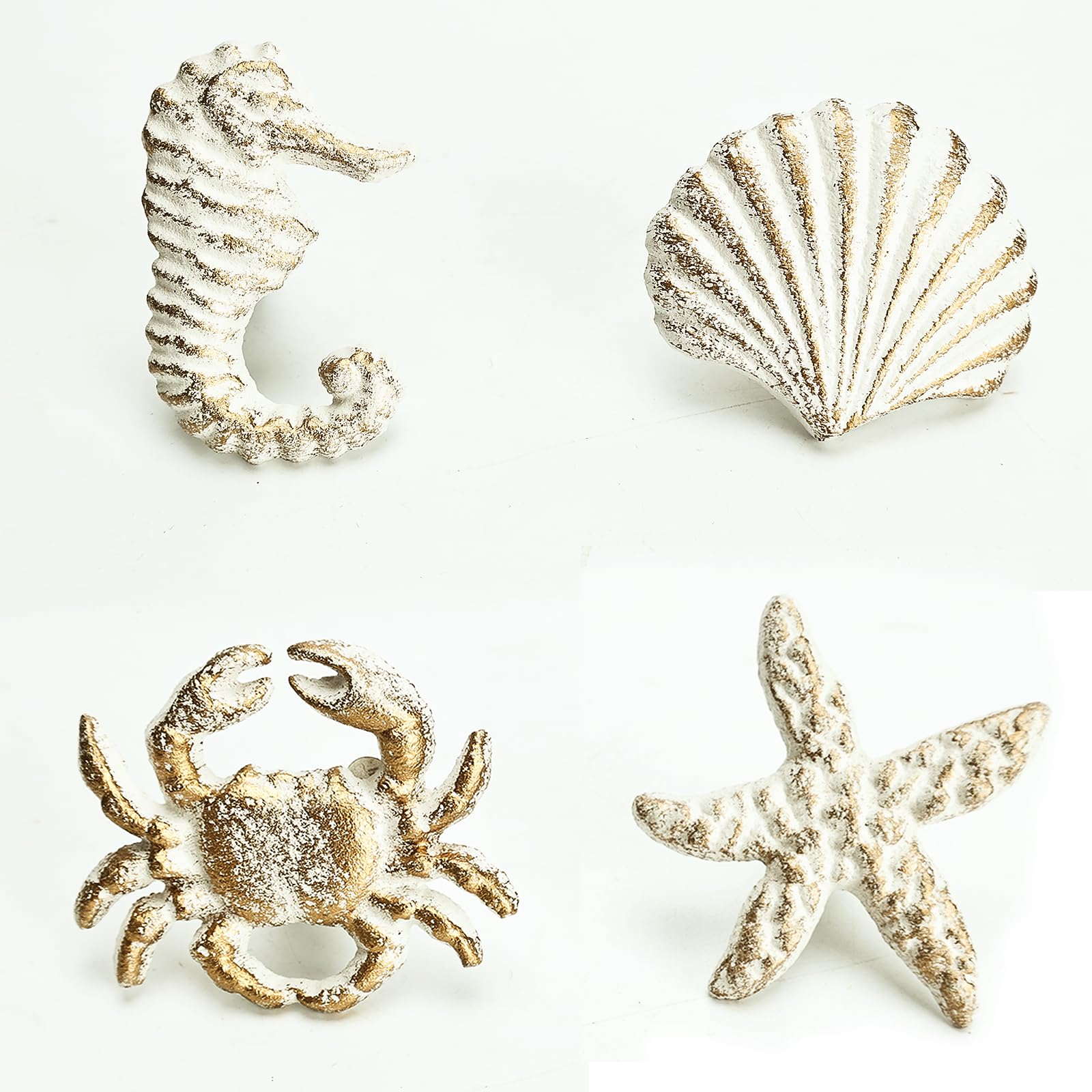 Primst White Beach Ocean Theme Cast Iron Drawer Knobs, Sea Horse Starfish Crab And Seashell Cabinet Handle Pulls For Drawer, Door, Dresser, Cupboard, Pack Of 4 (White)