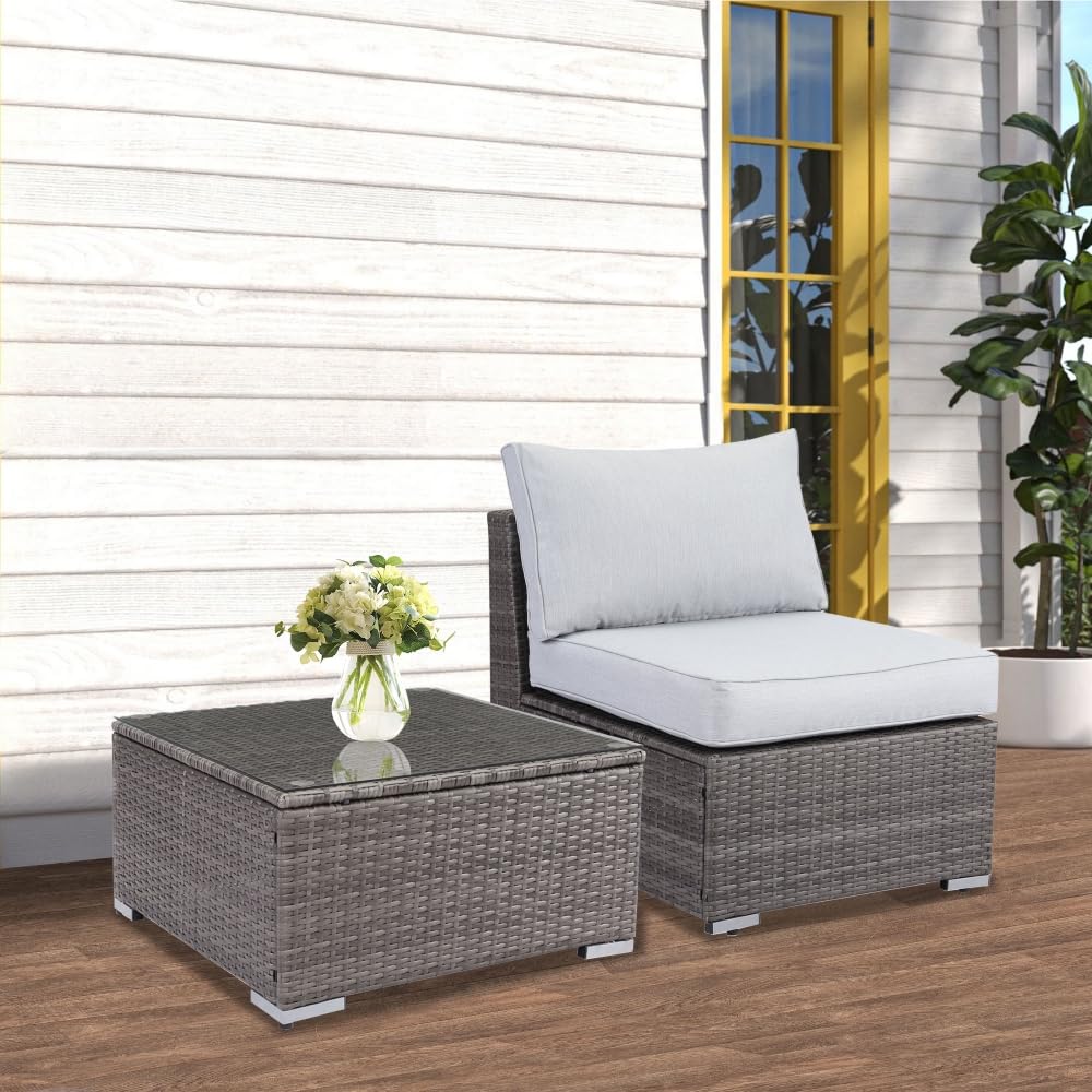 2 Piece Light Grey Sofa Small Armless Single Rattan Sofa Couch Set with Small Couch Table