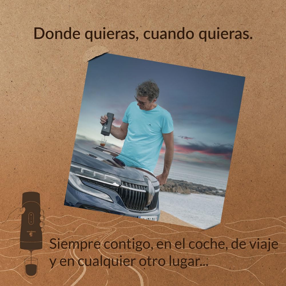 Handpresso Auto | cafetera a batería - USB/C | cafetera de viaje premium para coche, furgoneta y uso outdoor | funciona con cápsulas espresso compatibles y recargables | prepara Espresso y Lungo