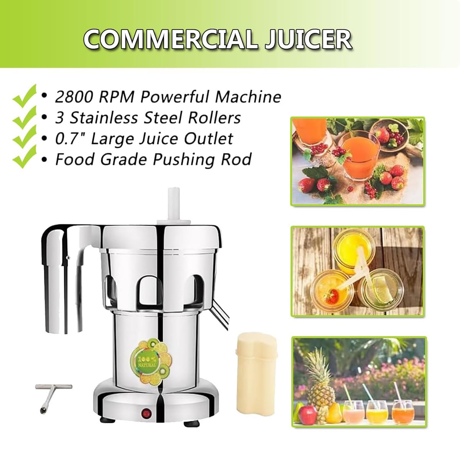 Exprimidor de frutas y verduras de acero inoxidable, extractor de jugos comercial de alta resistencia, exprimidor eléctrico de cítricos, tolva de alimentación grande de 2 l
