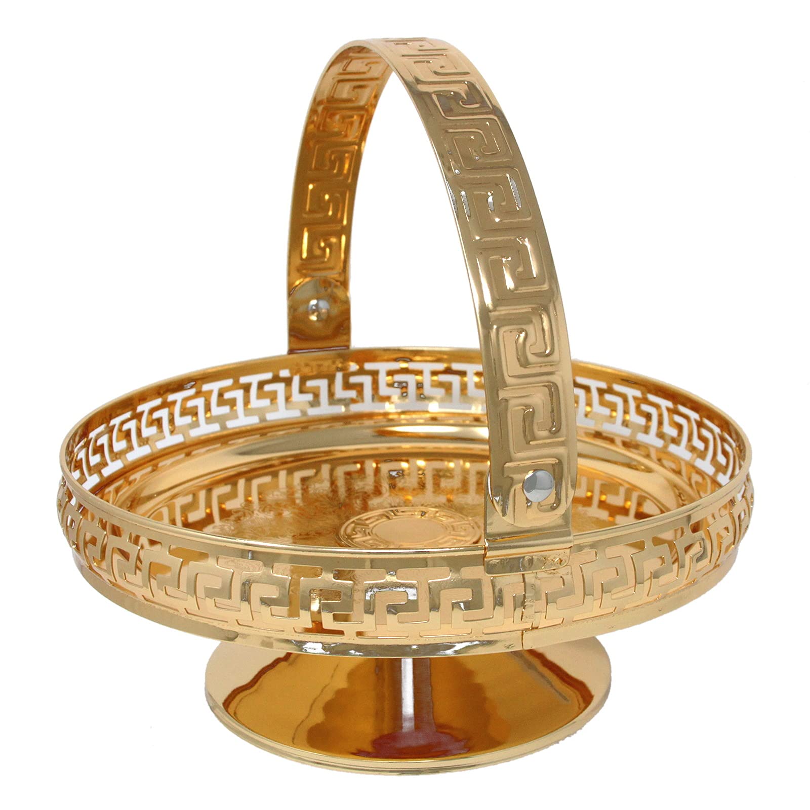 Gold Serving Tray With Handle Round Footed Decorative Mirrored Polish Paandan Tray Appetiser Fruit Platter Cupcake Snacks Serving Tray Display Candle Cosmetics Jewellery Centrepiece, 23cm