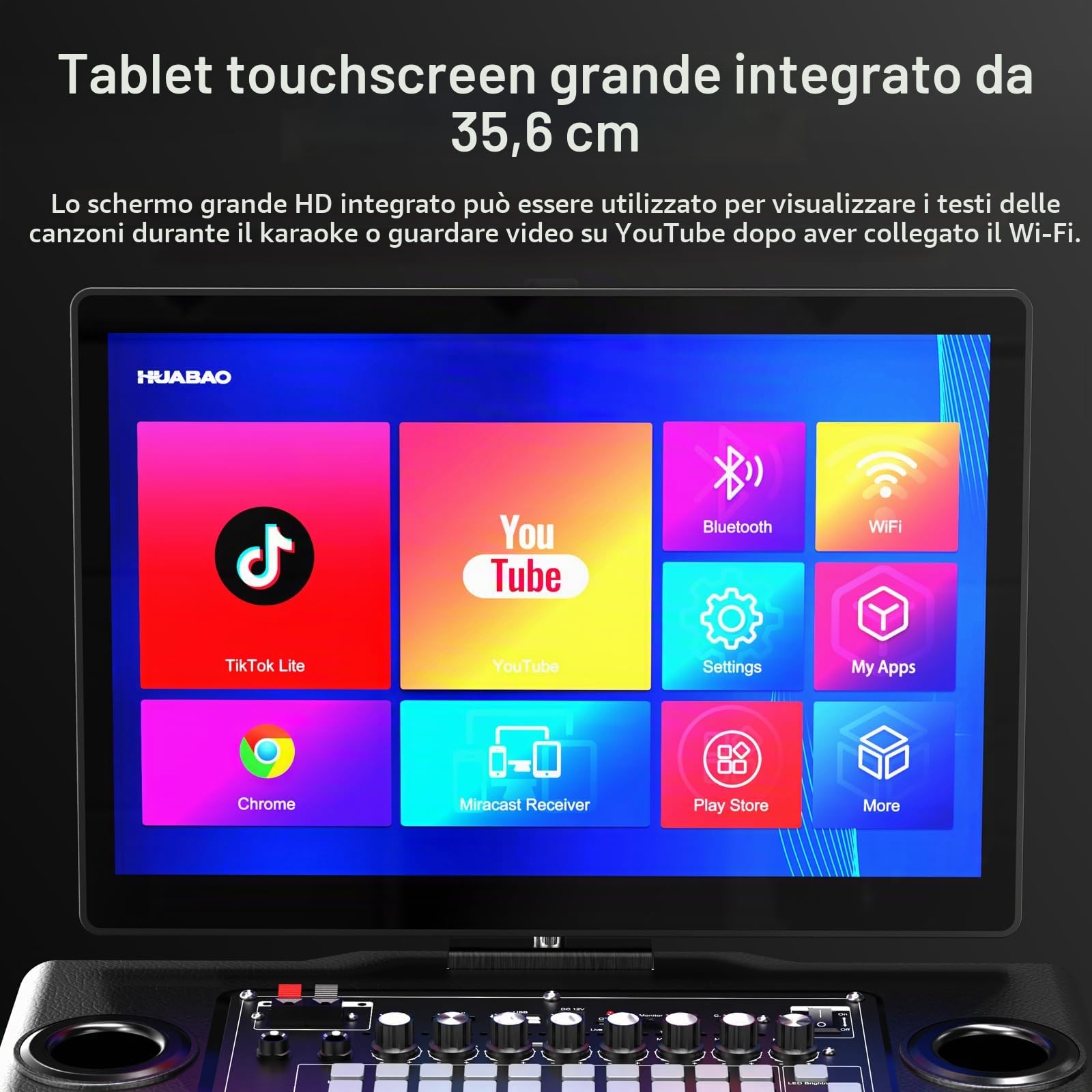 Macchina per karaoke intelligente con tablet da 14 pollici, schermo e display per i testi, altoparlante professionale per karaoke, 2 microfoni wireless, sistema PA Bluetooth, WiFi/HDMI/luci LED