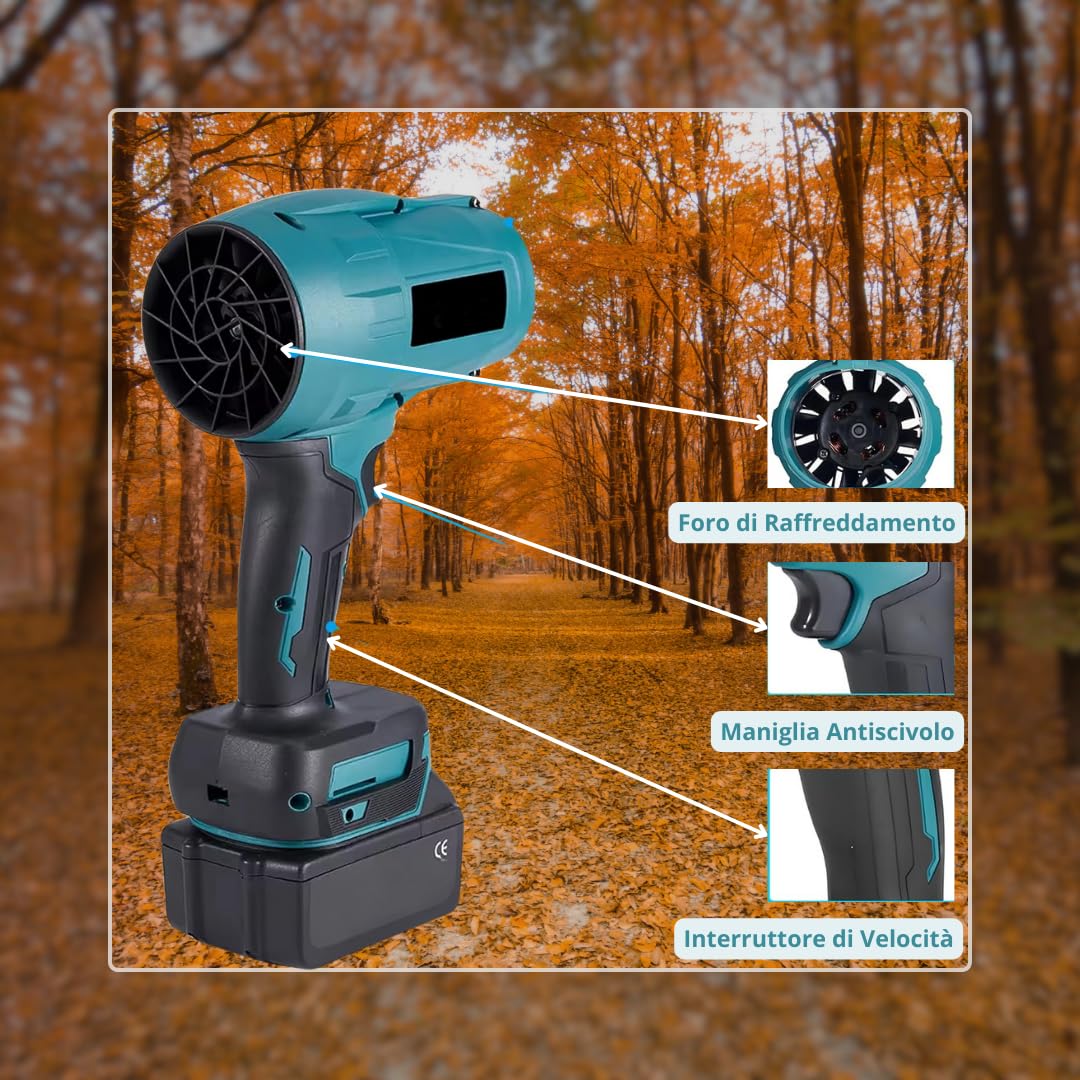 Soffiatore a Batteria 48V Soffiatore Foglie Portatile Senza Fili Mini Turbocompressore Velocità Aria 146 kmh con 2 Batterie per Giardino Auto Casa