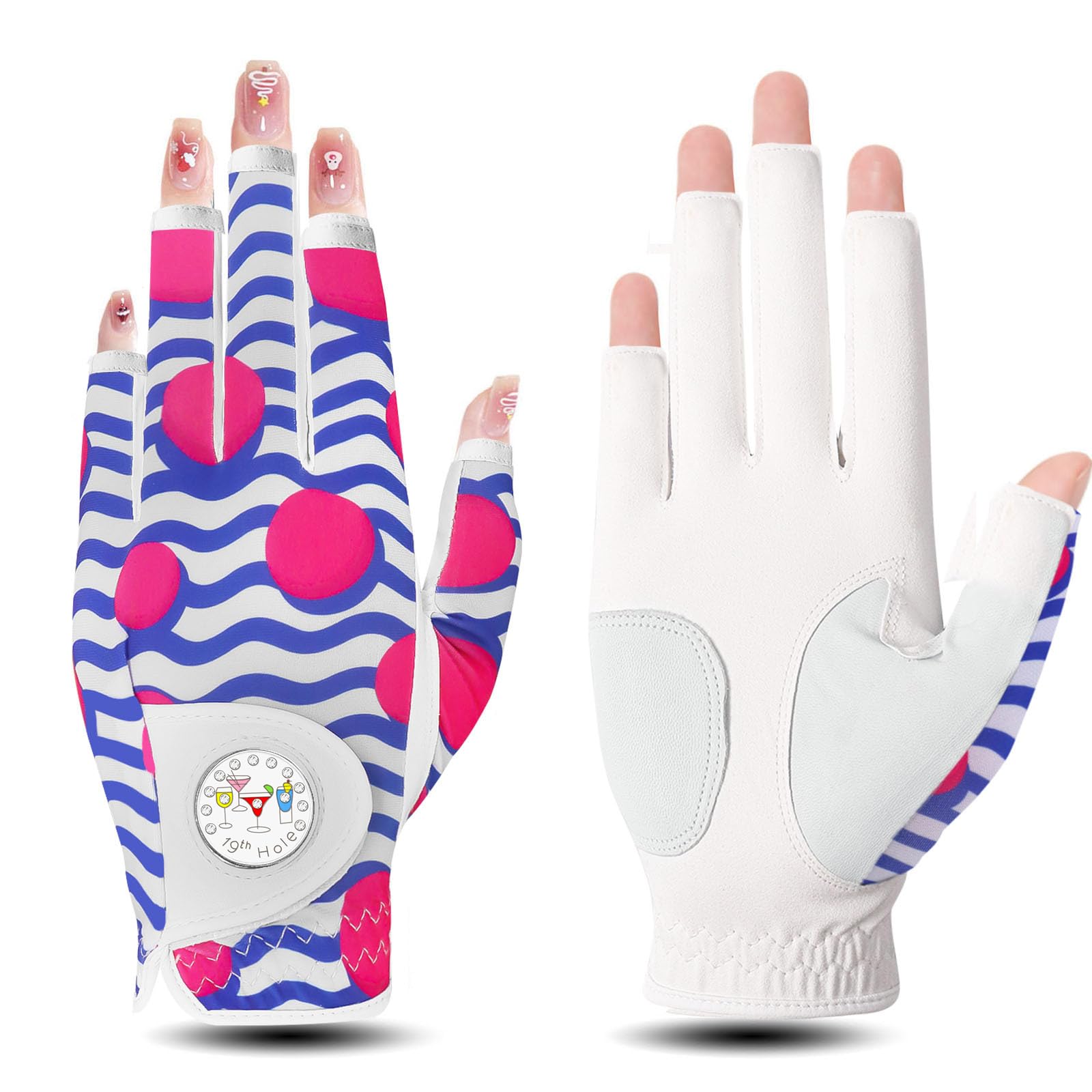 FINGER TEN Stylish Golf Gloves Women with Ball Marker 1 Pack for Left or Right Hand, Breathable Glove with Fashion Patterns for Ladies Right Left