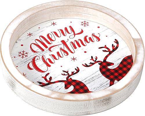 Decoraciones navideñas para el hogar, bandeja redonda de Navidad, bandeja decorativa rústica, bandeja de madera de Navidad, platos para servir para