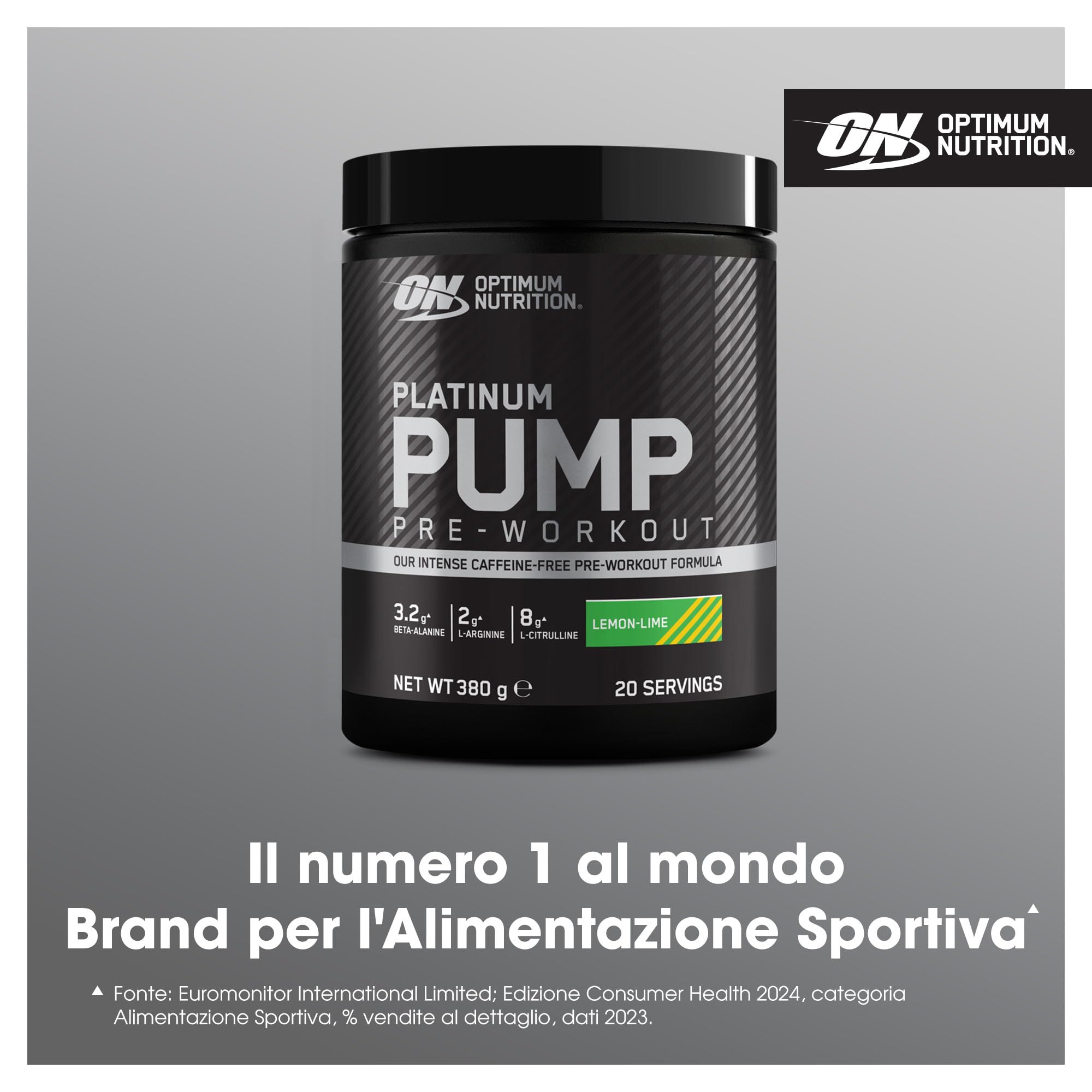 Optimum Nutrition ON Platinum PUMP Pre-Workout, Integratore Alimentare Pre-Workout Intenso Senza Caffeina con Fruitflow, Beta-Alanina, L-Arginina, L-Citrullina, Gusto Lime, 20 dosi, 380 g