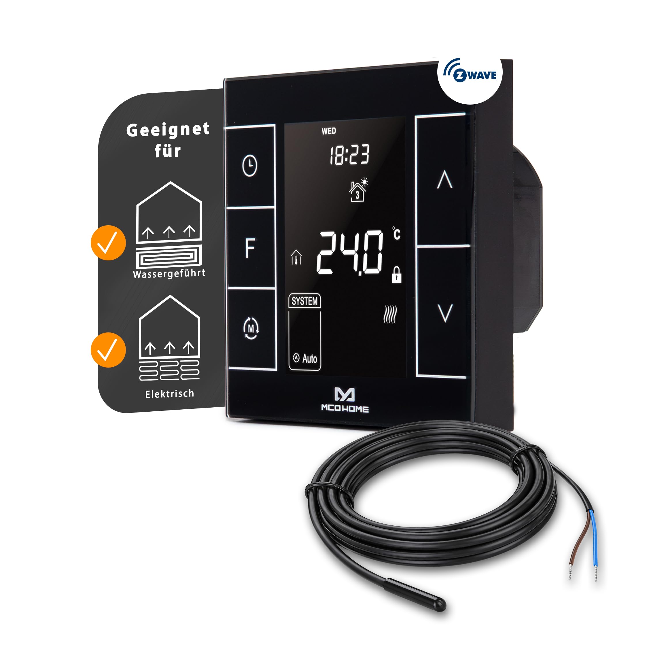 MCO Home Z-Wave MH7H-EH - Termostato para calefacción por suelo radiante y calefacción por infrarrojos, compatible con Z-Wave, color negro