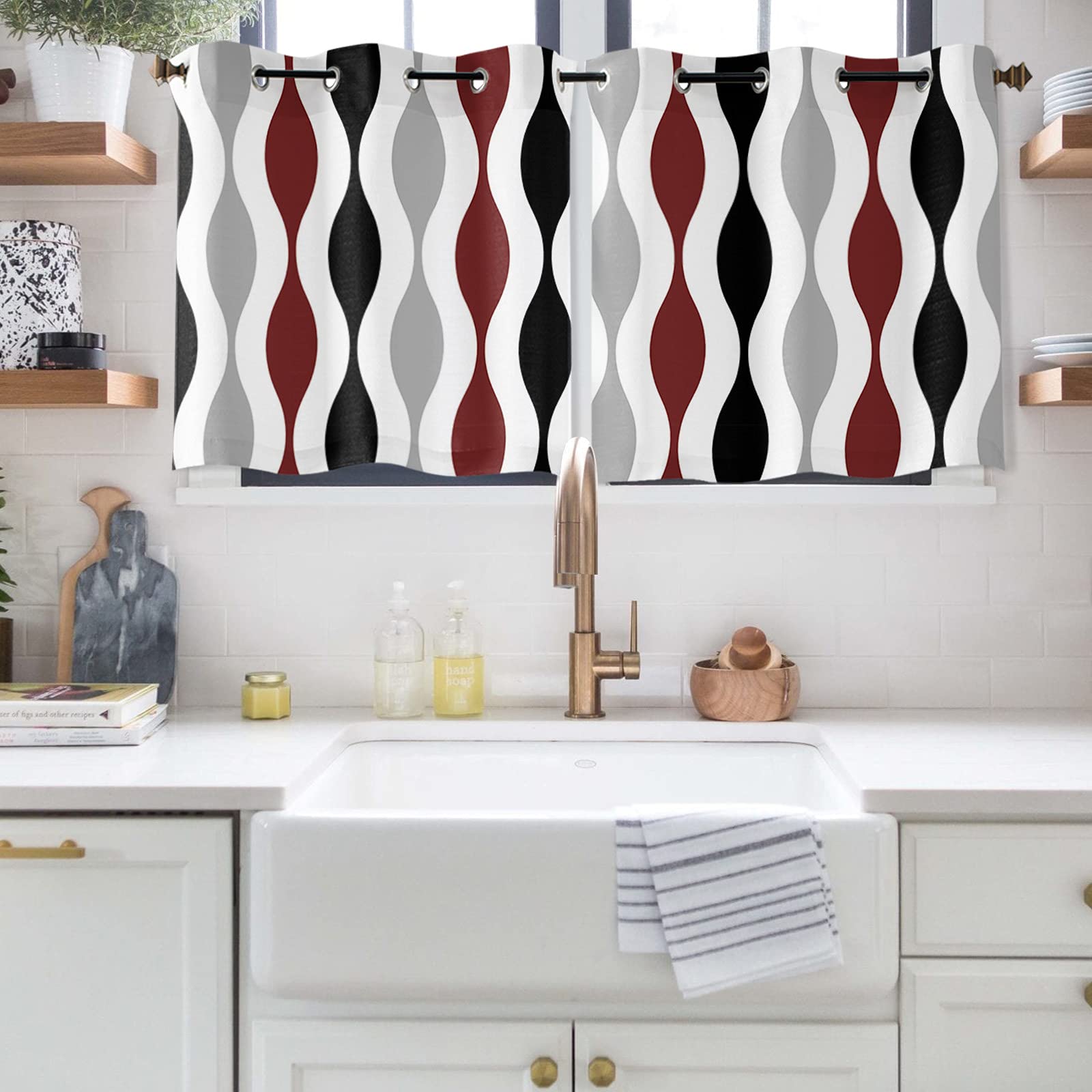 Semi Sheer Curtains 45 inches Long Mid-Century Modern Geometric Black Red  Gray Pattern Window Curtains & Drapes Grommet Top Privacy Curtain for ...