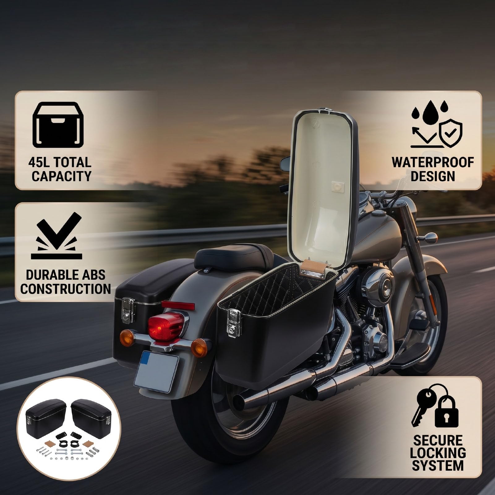 Aramox Alforjas Duras de 45L, Cajas Laterales para Motocicleta con Mecanismo de Bloqueo y Kit de Soporte de Instalación para Cruiser