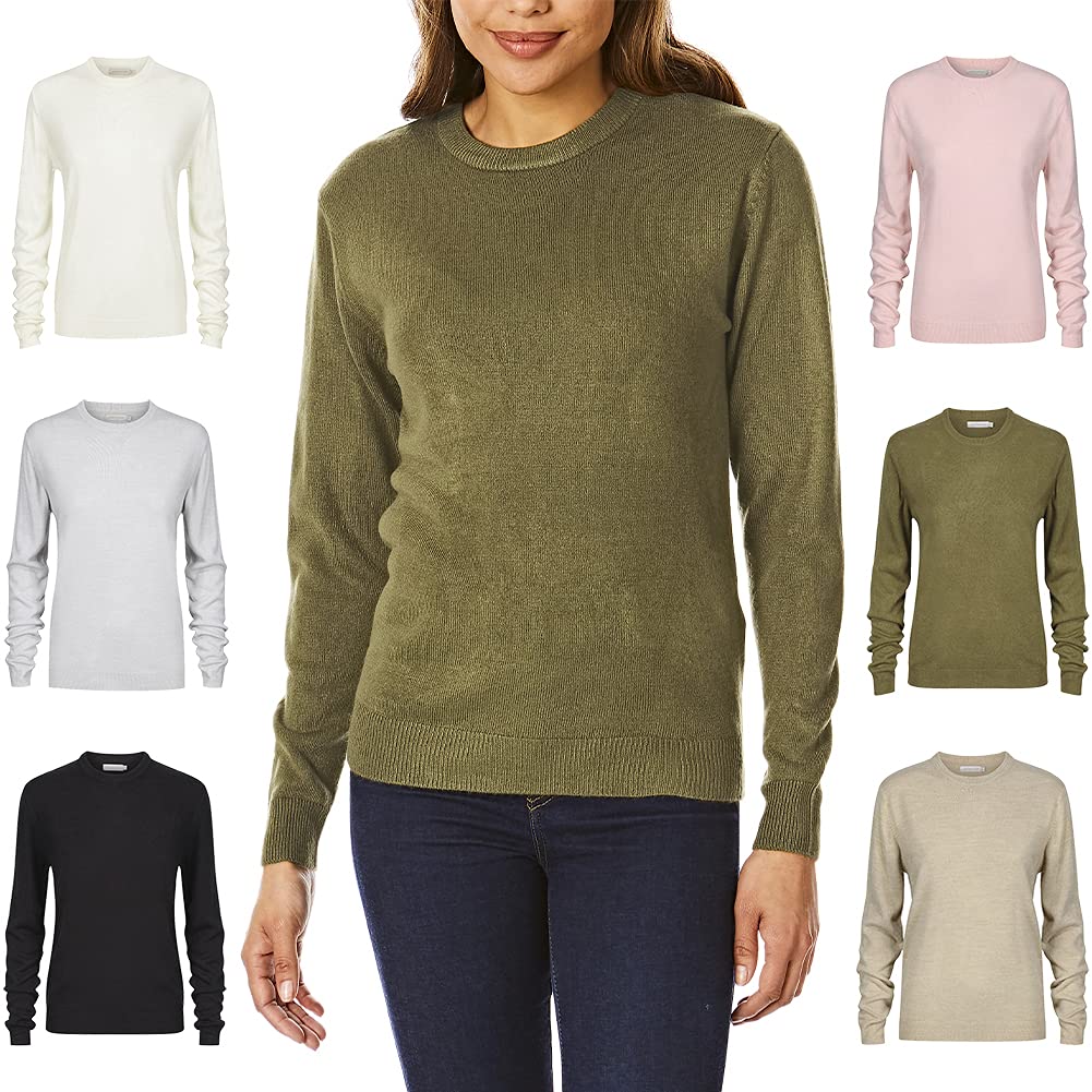 Light & Shade Womens Crew Neck Top Supersoft Knitted Jumper, Khaki, M