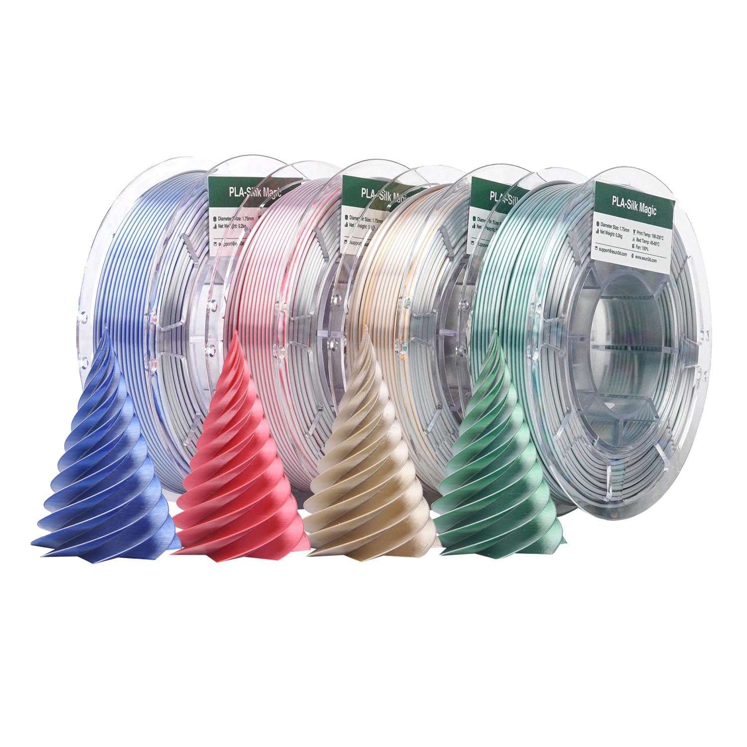 eSUN Silk Dual-Color PLA Filament 1.75mm Bundle, Filamento per stampa 3D coestrusione Silk Magic PLA, 200g*4 bobine per stampanti 3D, Rosso Argento+Blu Argento+Oro Argento+Verde Argento