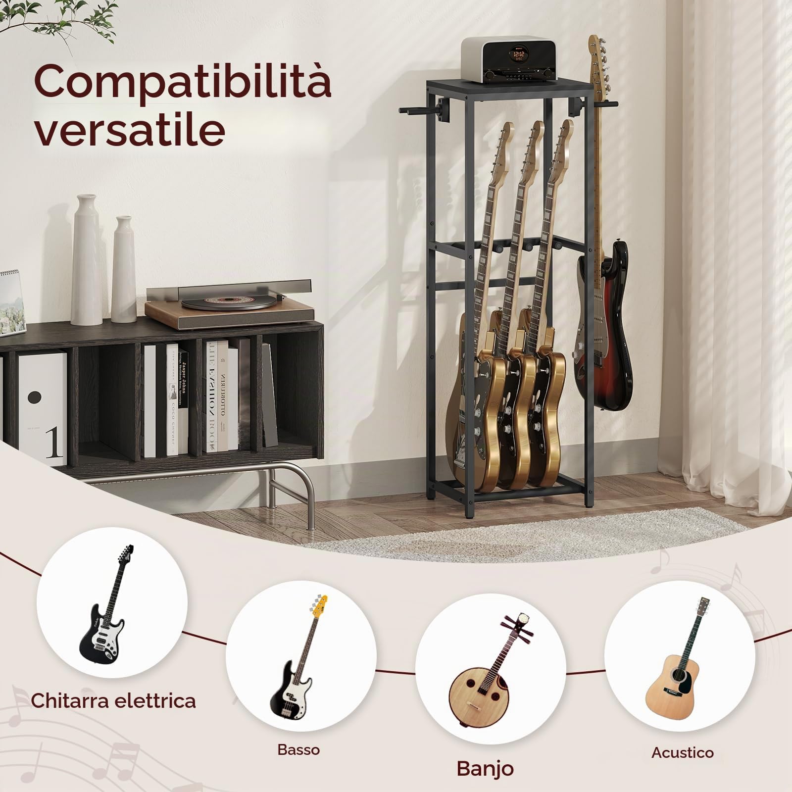 MAHANCRIS Supporto Porta Chitarre a 2 Livelli per 3 Strumenti, Chitarre Acustica, Elettrica, Bass, Ukulele, Banjo. con Ripiano per Accessori, Protezione in EVA, Nero AGSBK6301