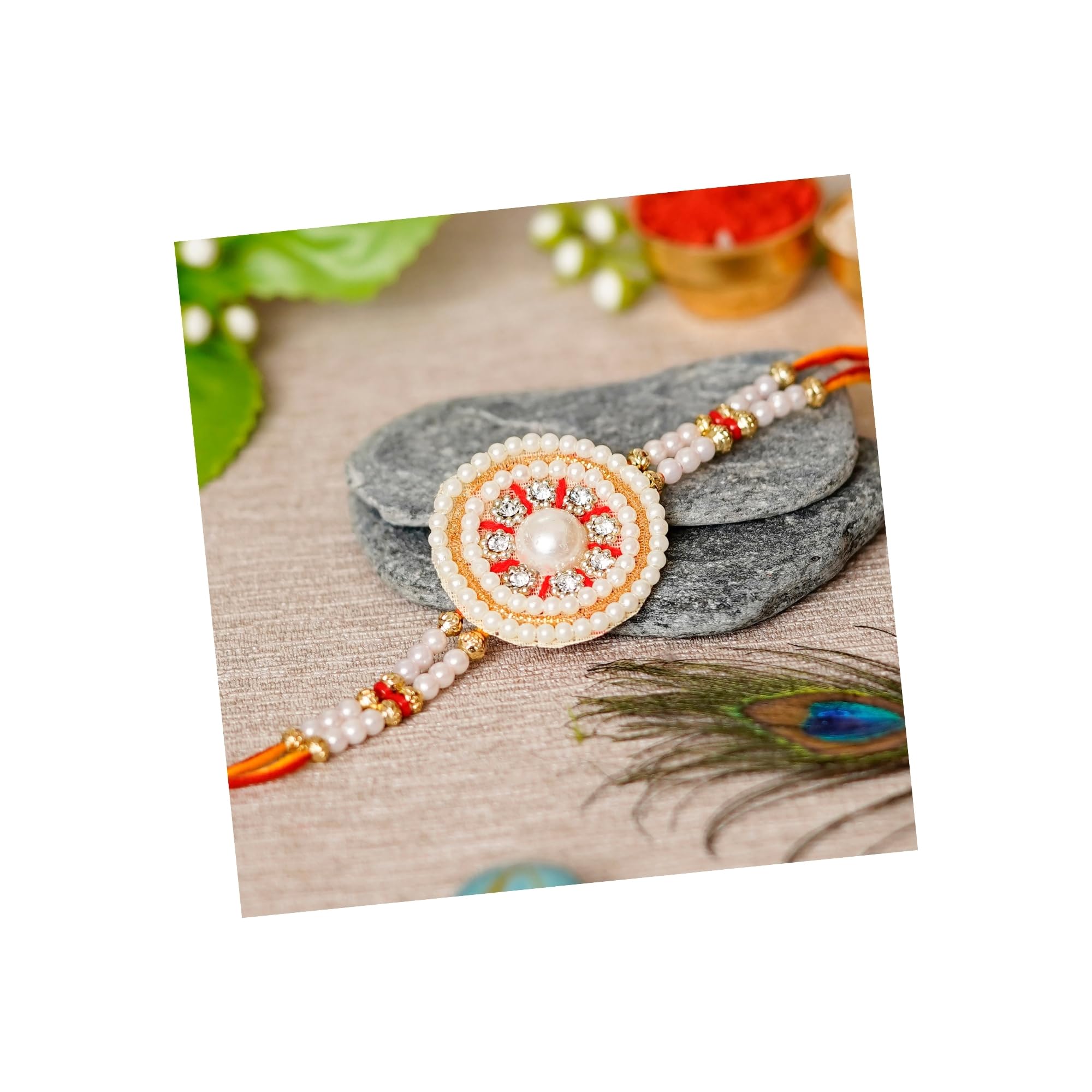 eCraftIndia Desginer Stone and Pearl Rakhi for Brother and Roli Chawal Pack, Best Wishes Greeting Card, White, Gold, Red, One Size (D951P6C6) (B09B7SCTV4) Amazon Price History, Amazon Price Tracker
