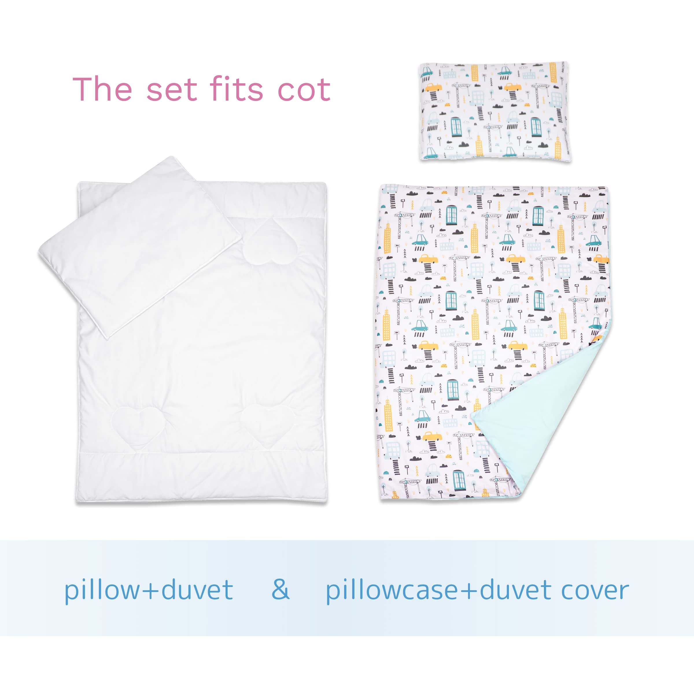Baby Comfort Juego de Cama para Cuna 4 Piezas edredón y Funda nórdica 120x90 cm con Almohada y Funda de Almohada - diseño 1 (12 Meses+)